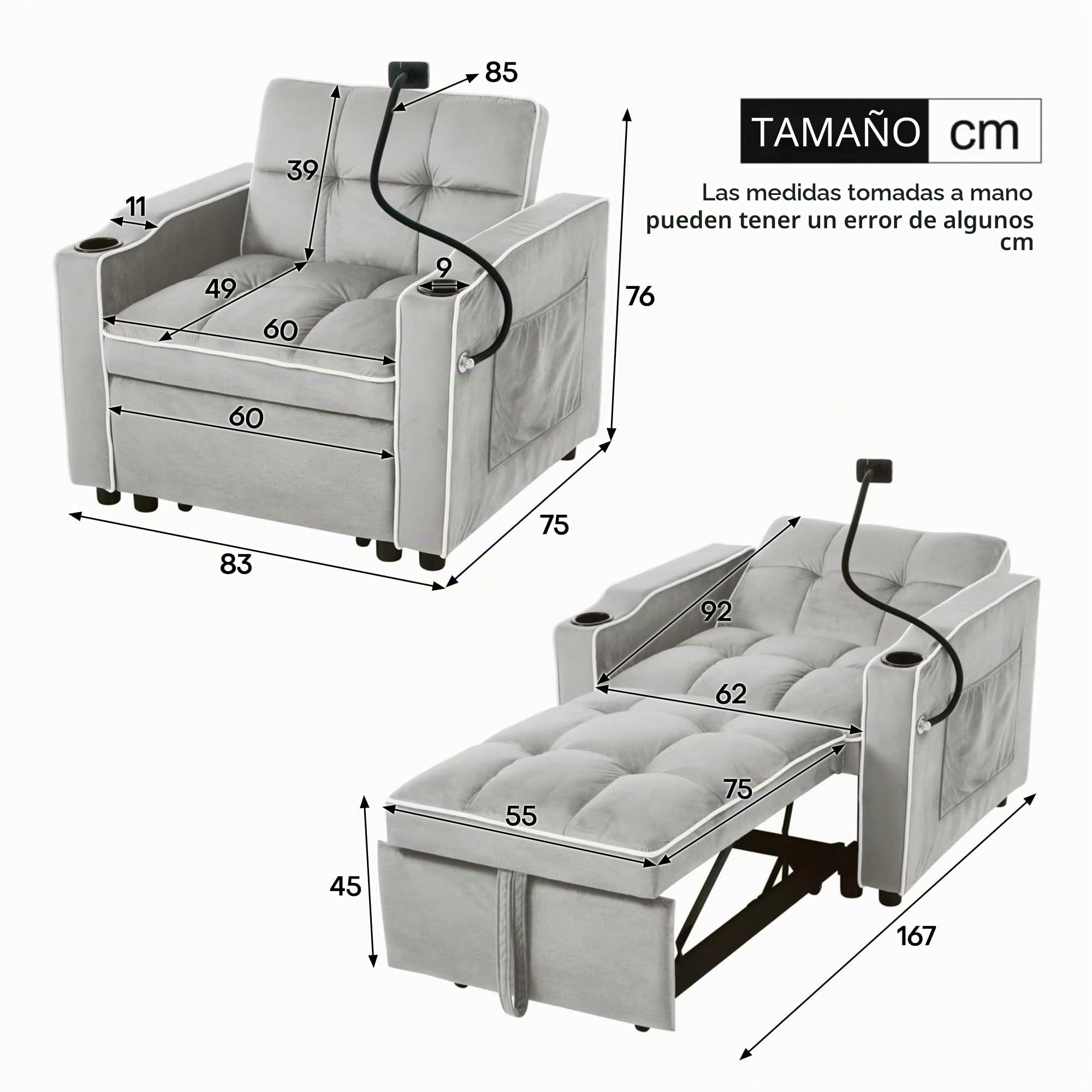 Sofá cama individual extraíble 3 en 1 – Con portavasos y soporte para celular, sofá-tumbona, silla cama, sillón, perfecto para espacios reducidos, 83*167*76 cm (Gris antiguo blanco)
