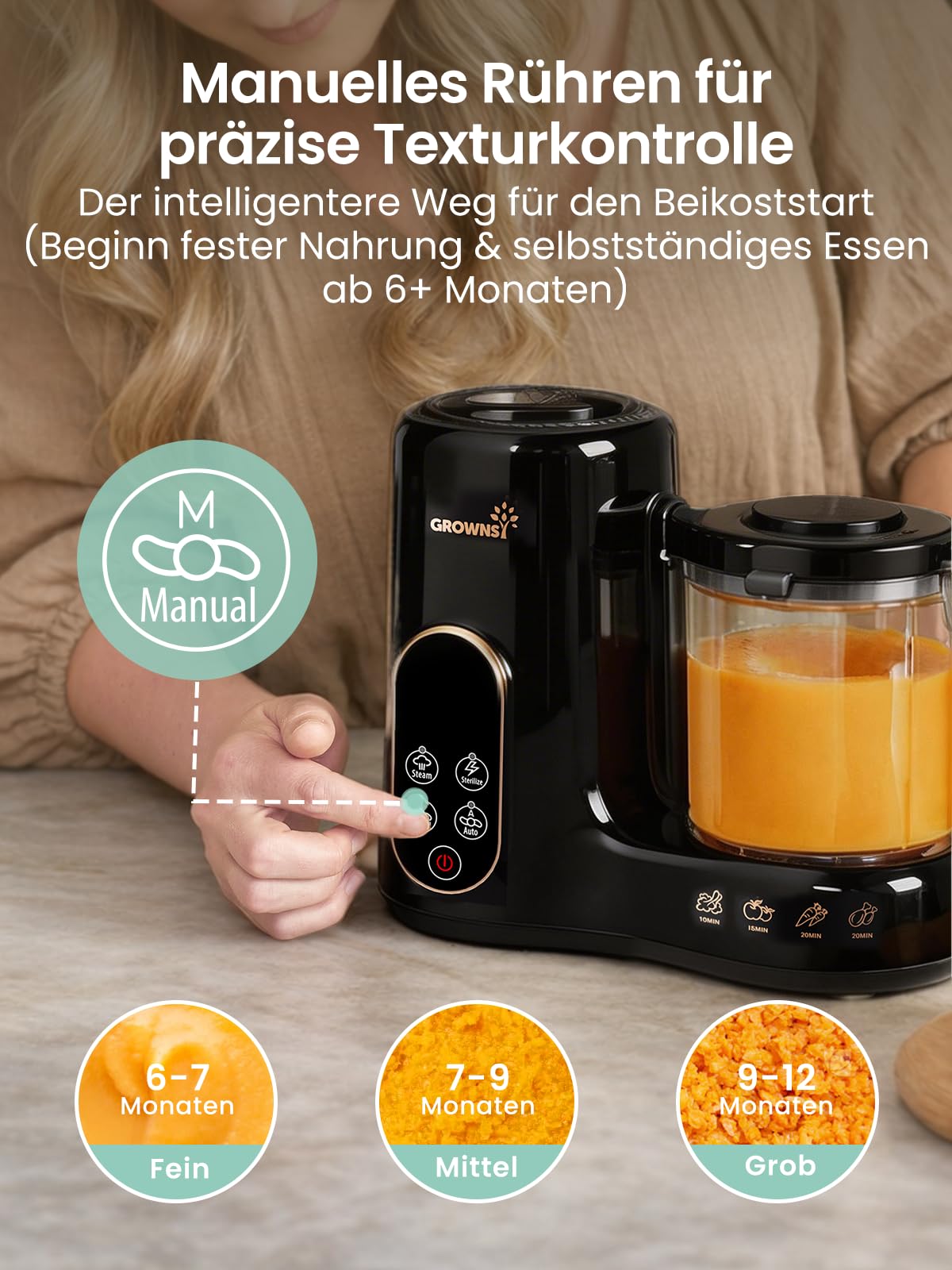 Grownsy Babynahrungszubereiter Dampfgarer Pürierer Sterilisator BPA-frei zweistöckiger Dampfkorb