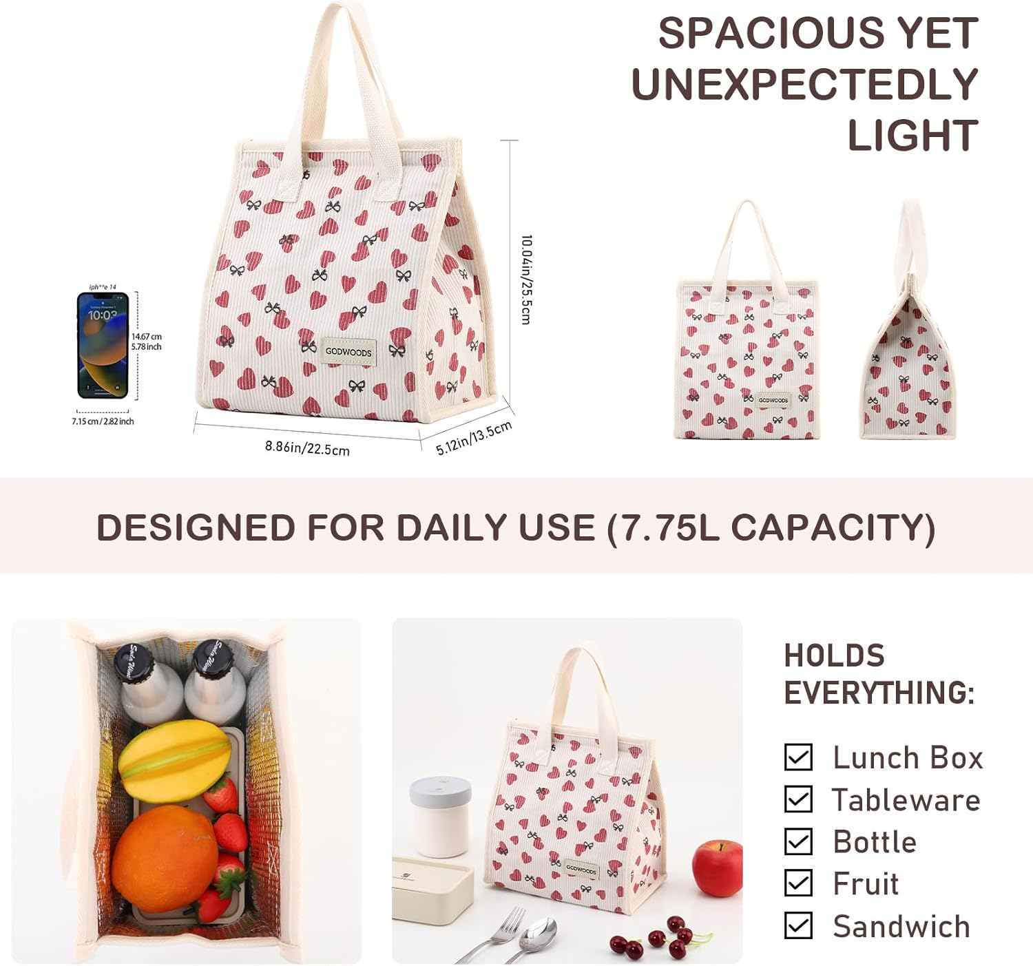 TELLUMO Corduroy Lunch Bag for Women Men Cute Lunch Bag Insulated Lunch Box with Large Capacity (7.5L) Reusable Lunchbag for Work, Picnic, Beach or Travel (S- Corduroy Love) - Image 6