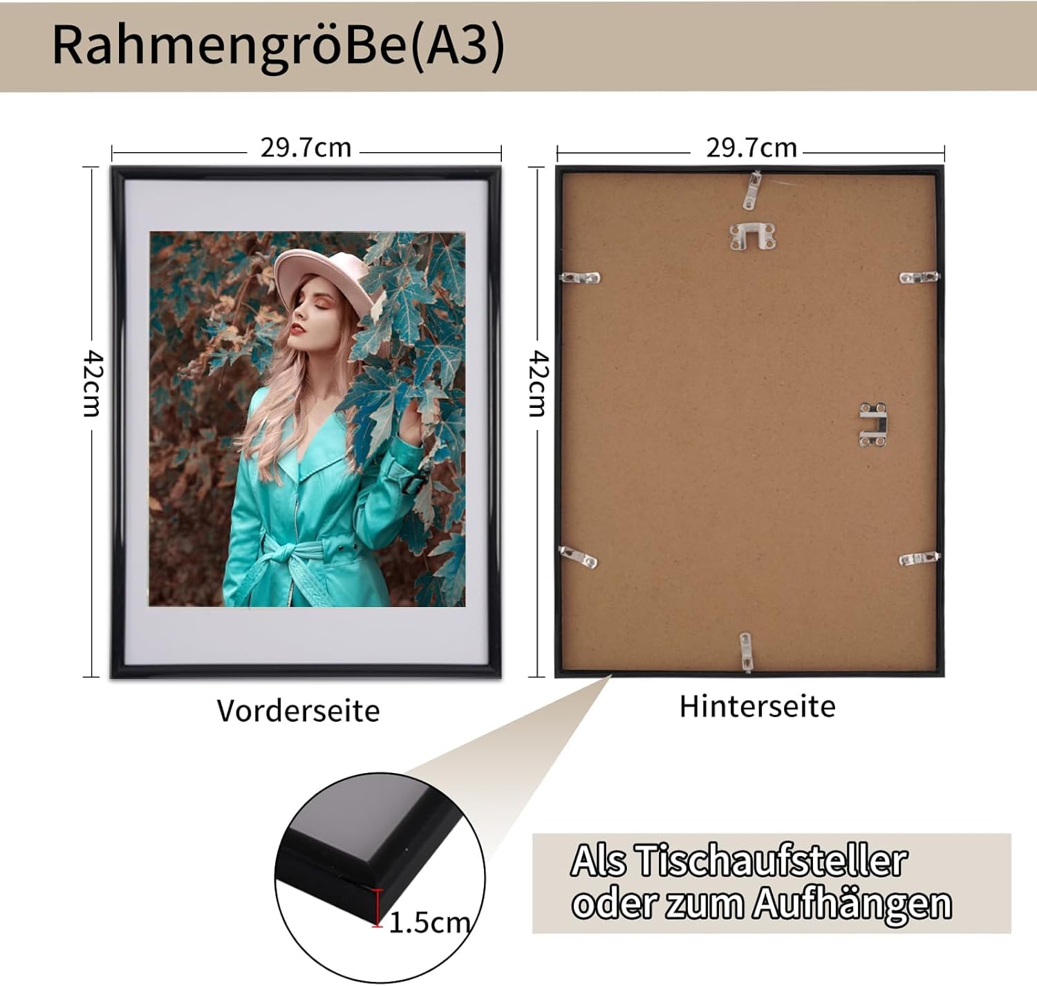 Bilderrahmen A3 schwarz 3er Set mit Passepartout - Posterrahmen (29,7x42 cm) für Kunstdrucke & Fotos - Moderner Fotorahmen Set für Wandmontage