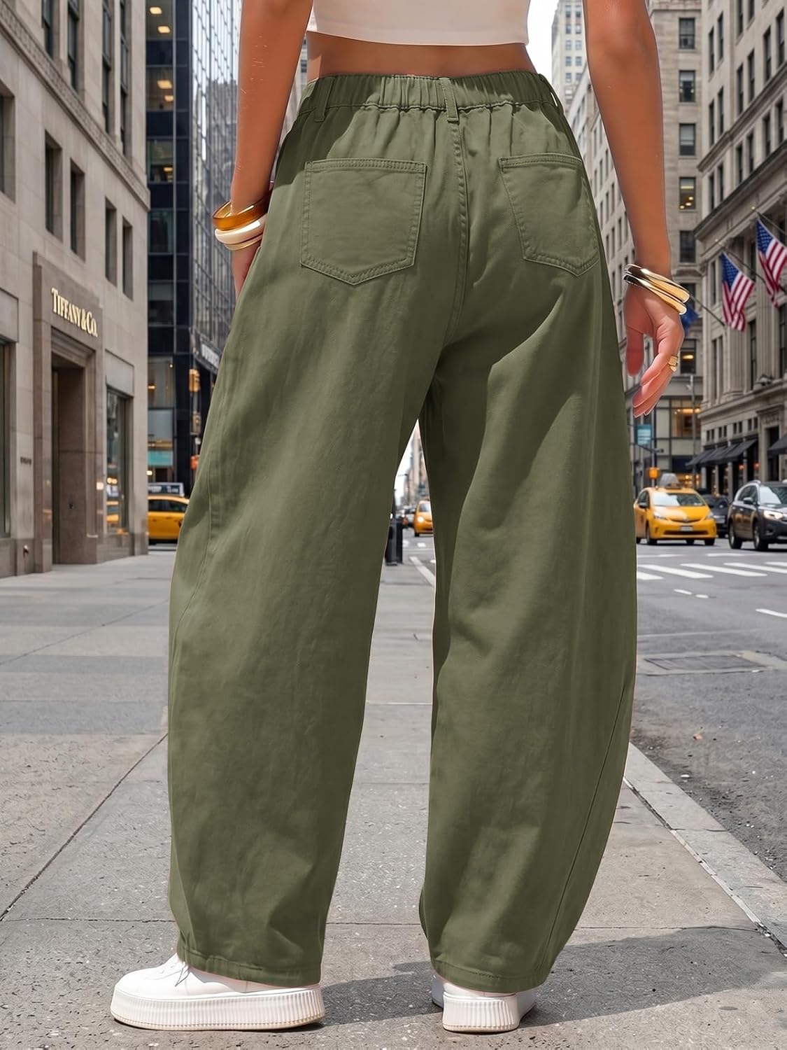 EXLURA Womens Faux Linen Barrel Pants Comfy Baggy Wide Leg Palazzo Pant Summer Cotton Mid-Low Elastic Waist Trousers Pockets