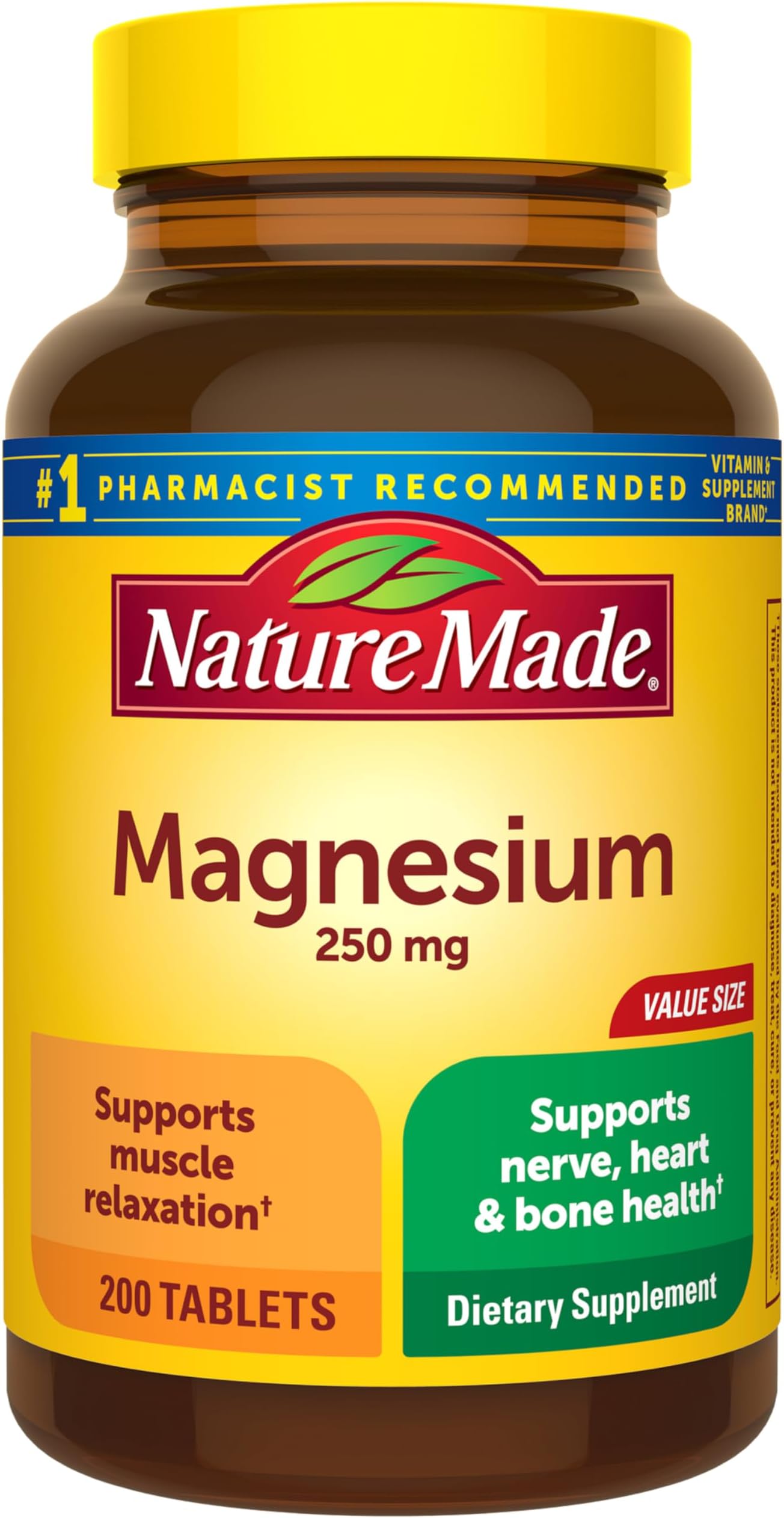 Nature Made Magnesium Oxide 250 mg, Magnesium Supplements for Men and Women, Support for Muscle, Heart, Bone and Nerve Health, 200 Tablets, 200 Day Supply