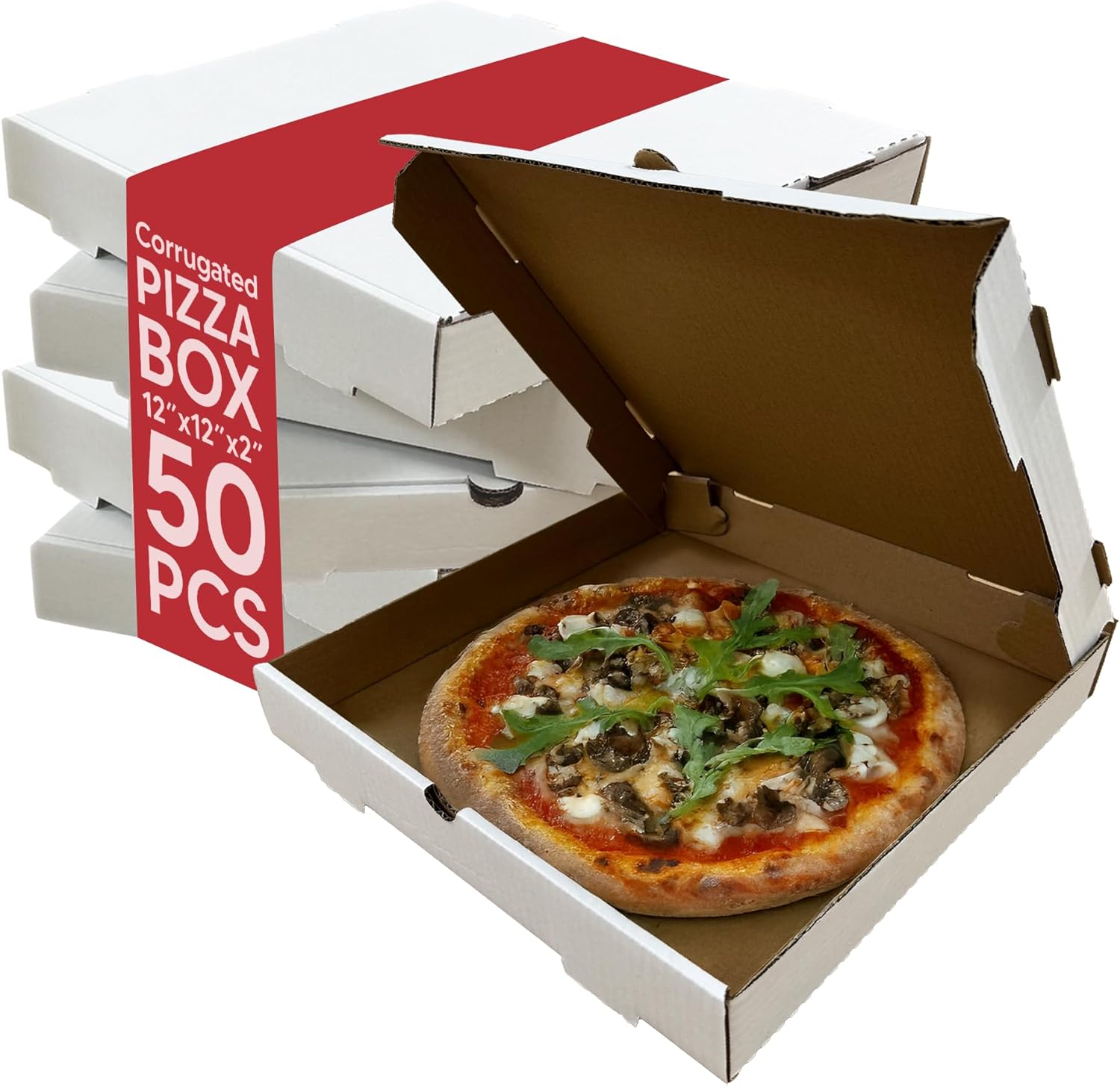 BULK Disposable Pizza Boxes 50 Pack | 14 Inch | Brown Kraft or White | E-Flute | Designed - Hot & Delicious