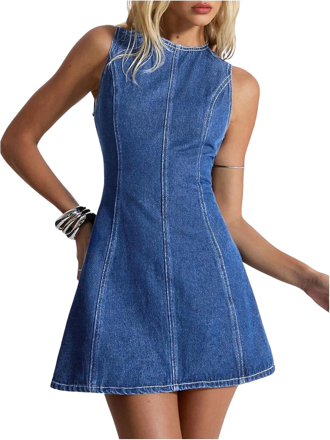 WDIRARA Women's Backless A Line Denim Dress Y2k Bow Sleeveless Flared Hign Waist Short Dresses