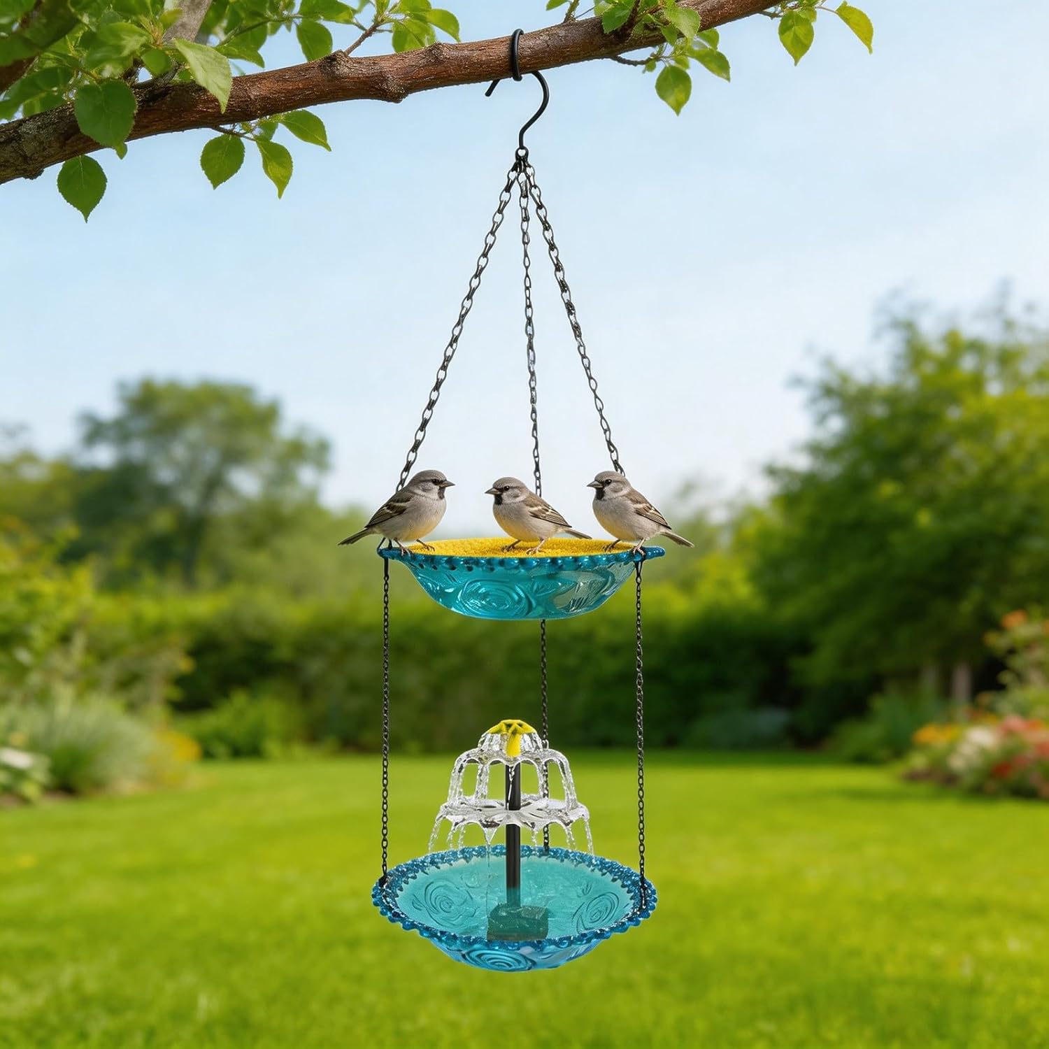 Solar Cascade Hanging Bird Bath Fountain - 27.55" h Metal Solar Powered Birdbath with Water Pump, Weatherproof Hanging Water Feature to Attract Wild Birds & Hummingbirds for Garden Decor (Blue)