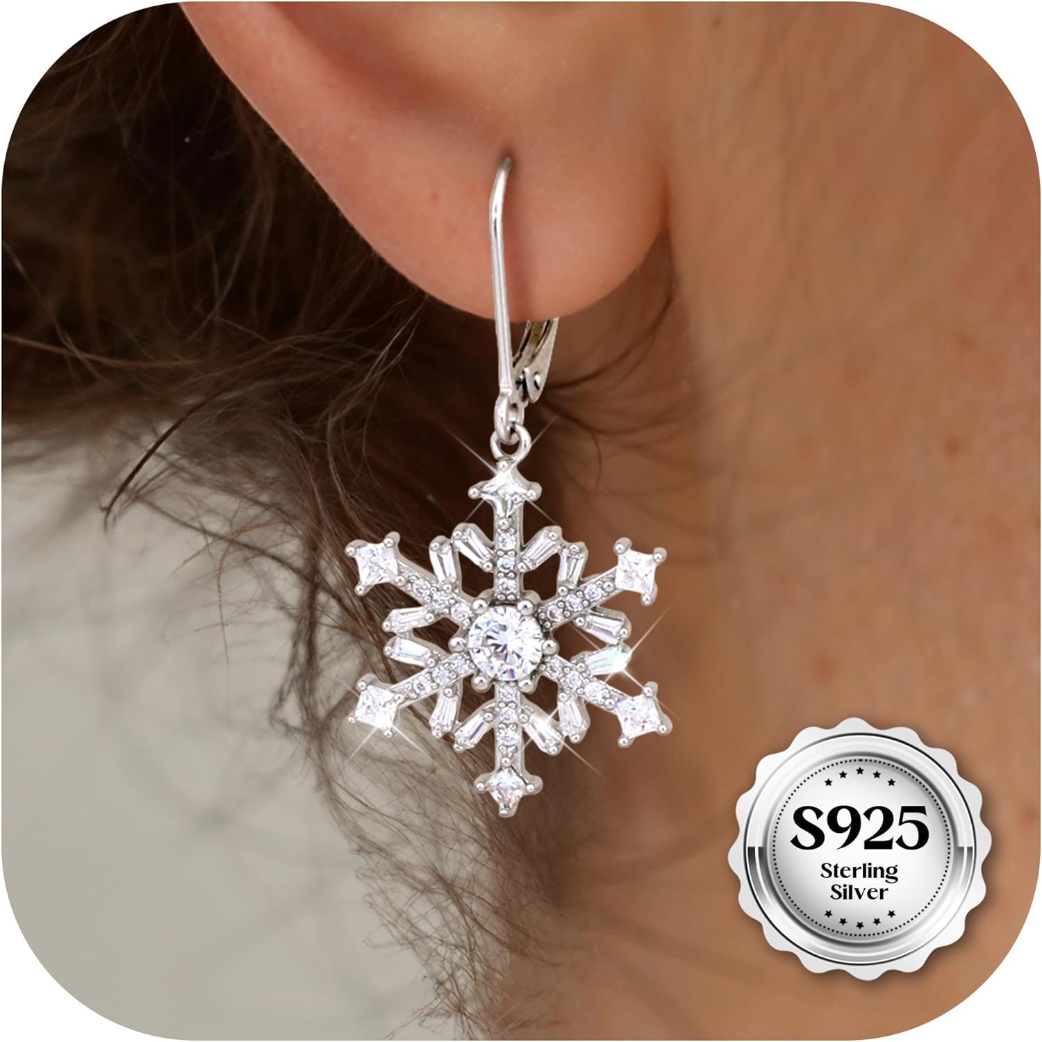 BESTEEL 925 Sterling Silver Snowflake Earrings for Women Hypoallergenic Cubic Zirconia Drop & Dangle Leverback Earrings Winter Jewelry Gift for Holiday Christmas New Year - Image 8
