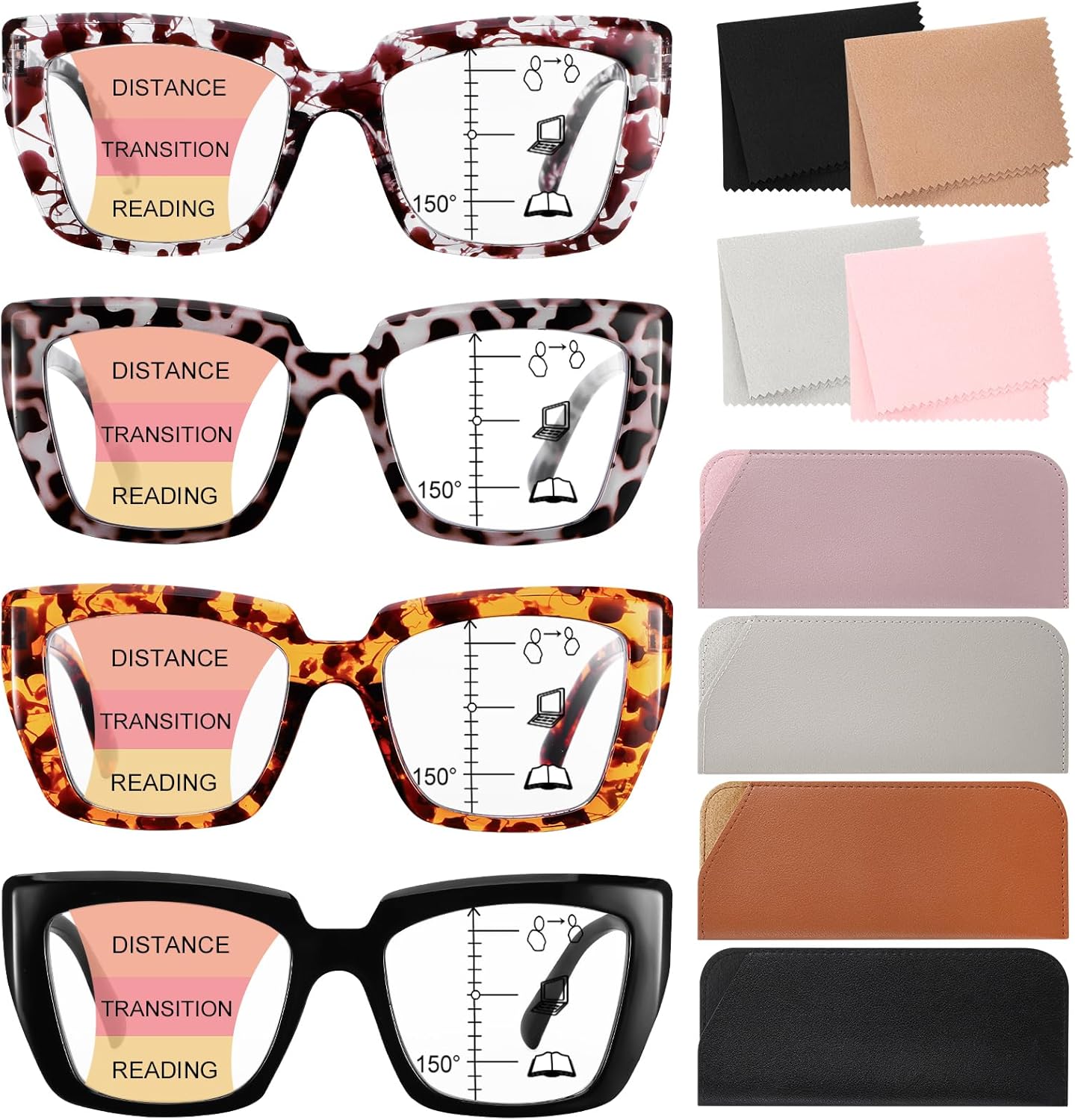 4 Pack Progressive Reading Glasses for Women Oprah Style Blue Light Blocking Multifocal Readers