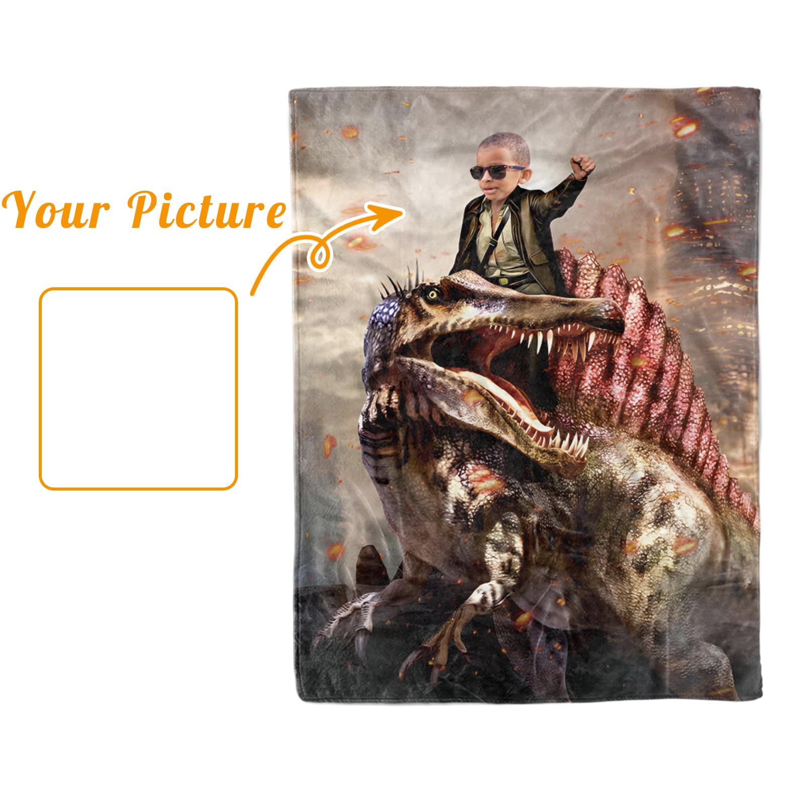 Manta de fotos personalizada, diseños de dinosaurios con imagen personalizable, manta de franela suave con respaldo de puntos de doble capa para bebés, niños, adolescentes, niños, niñas,