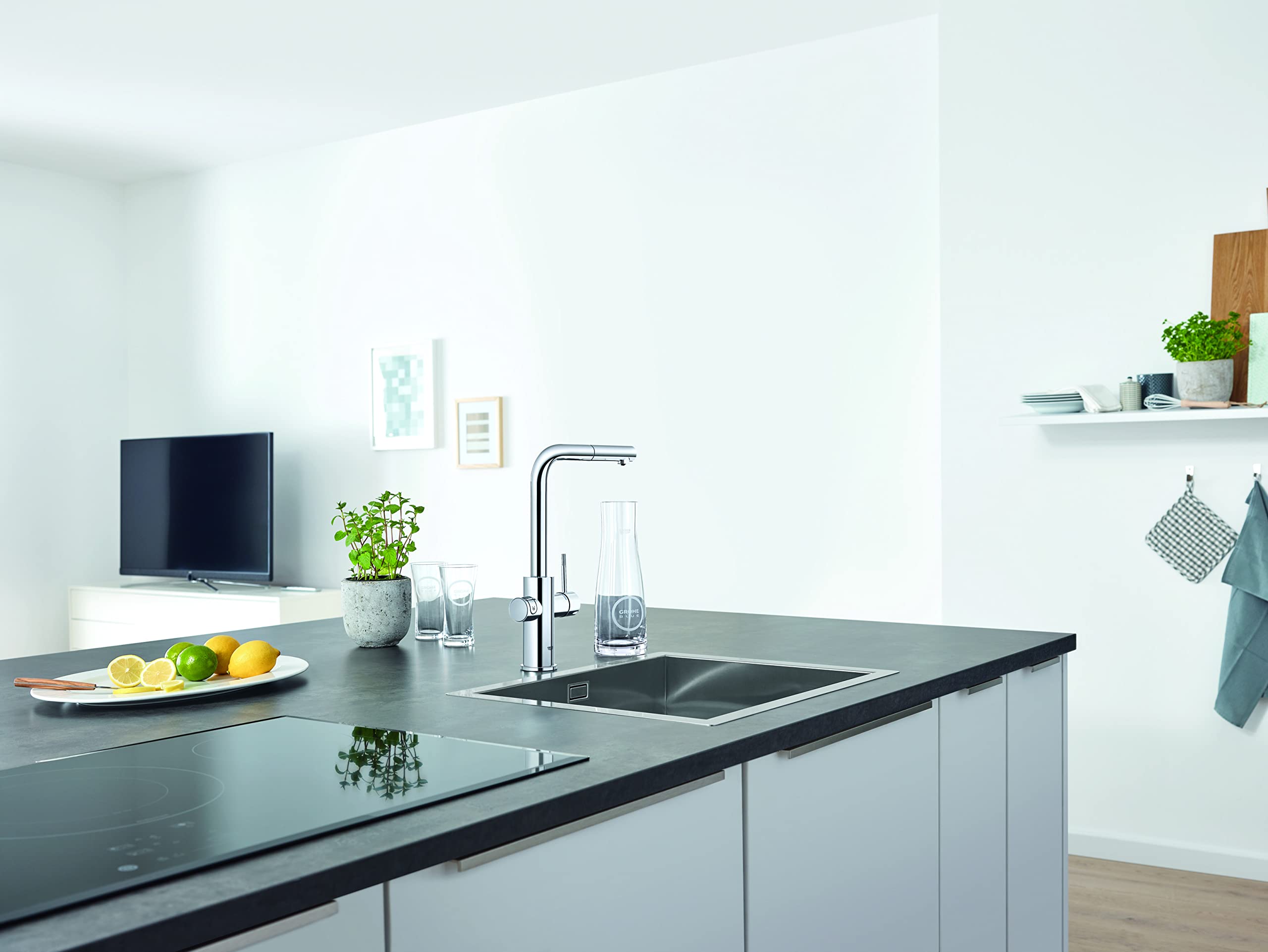 GROHE Blue Home - Grifo de cocina con filtro, enfriador y gas (caño extraíble, para agua filtrada, fría y con gas, sin botella de CO2), cromo, 31927001