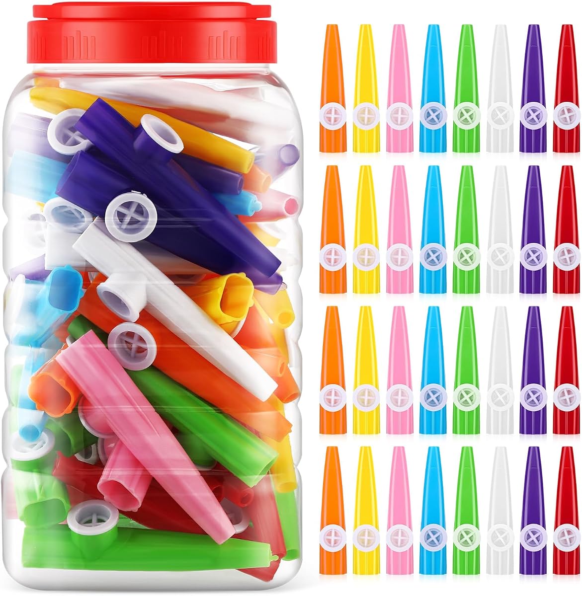 Jenaai 50 Pcs Plastic Kazoos Bulk with Bottle, 8 Colors for Party | Kazoo for Party Favors, Gifts, Birthday, Works with Guitar, Piano, Ukulele, Lightweight Instruments, Bulk Pack in Bottle