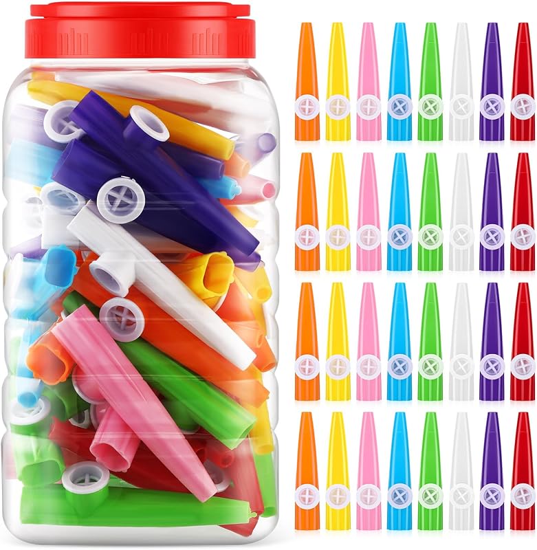 Jenaai 50 Pcs Plastic Kazoos Bulk with Bottle, 8 Colors for Party | Kazoo for Party Favors, Gifts, Birthday, Works with Guitar, Piano, Ukulele, Lightweight Instruments, Bulk Pack in Bottle