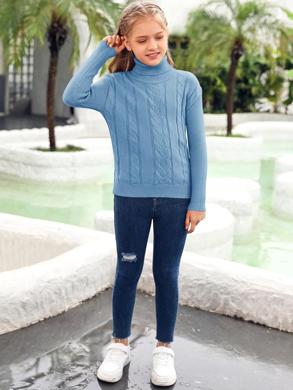 Girls Turtleneck Sweaters Pullover Kids Toddlers Cable Knit Long Sleeve Jumper Tops - Image 5