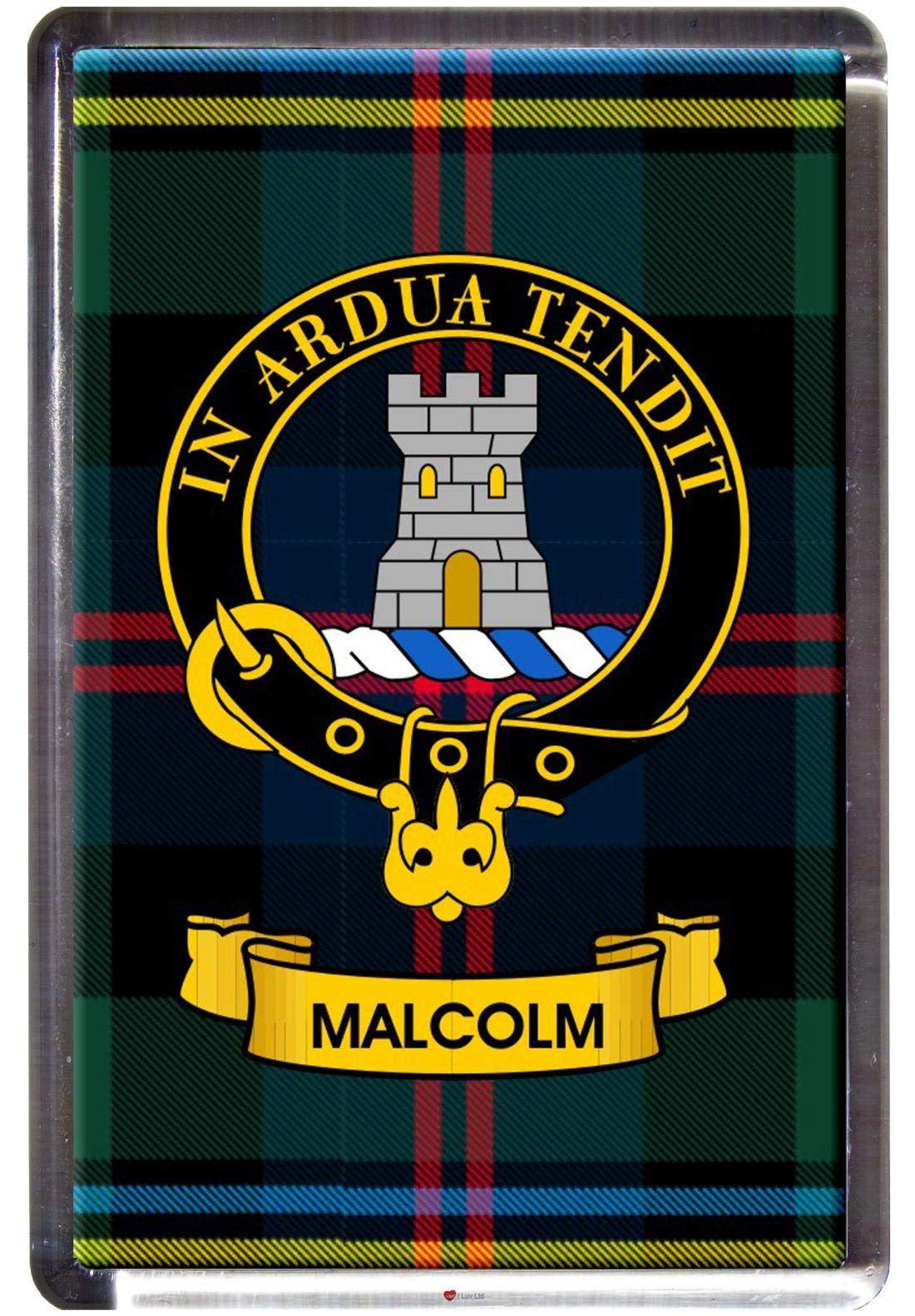 Malcolm Clan Tartan Fridge Magnet with Scottish Clan Crest on Clear Acrylic Base