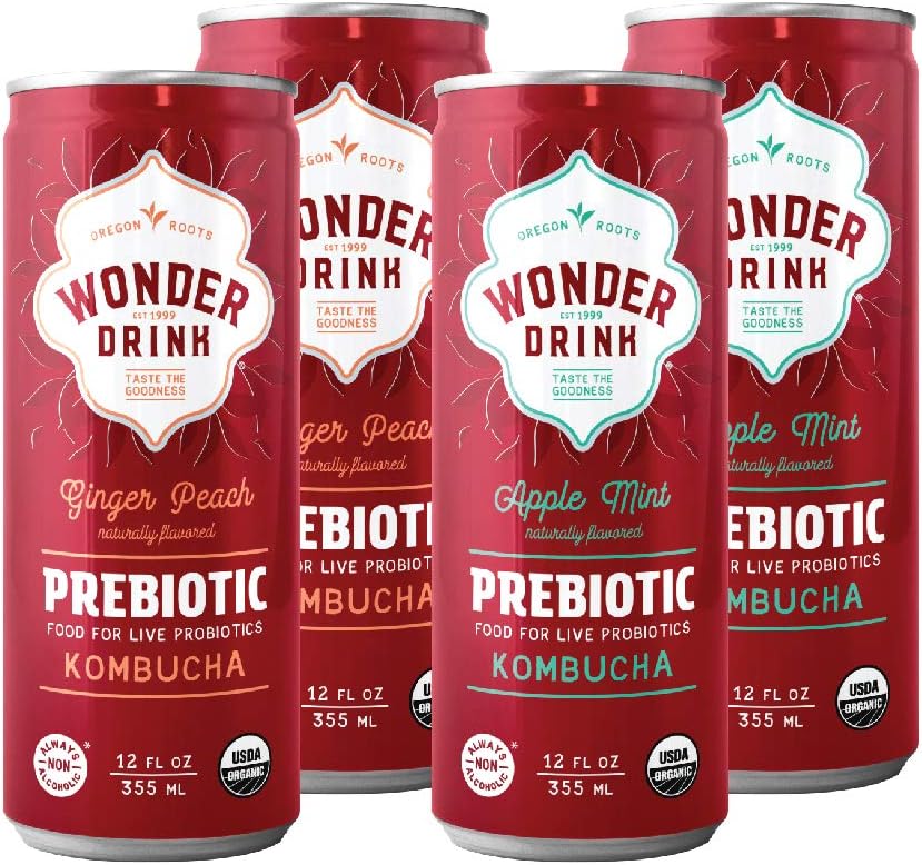 Wonder Drink Prebiotic Kombucha Variety Pack of Sparkling Fermented Tea, 12 Fl Oz Can, Apple Mint and Ginger Peach