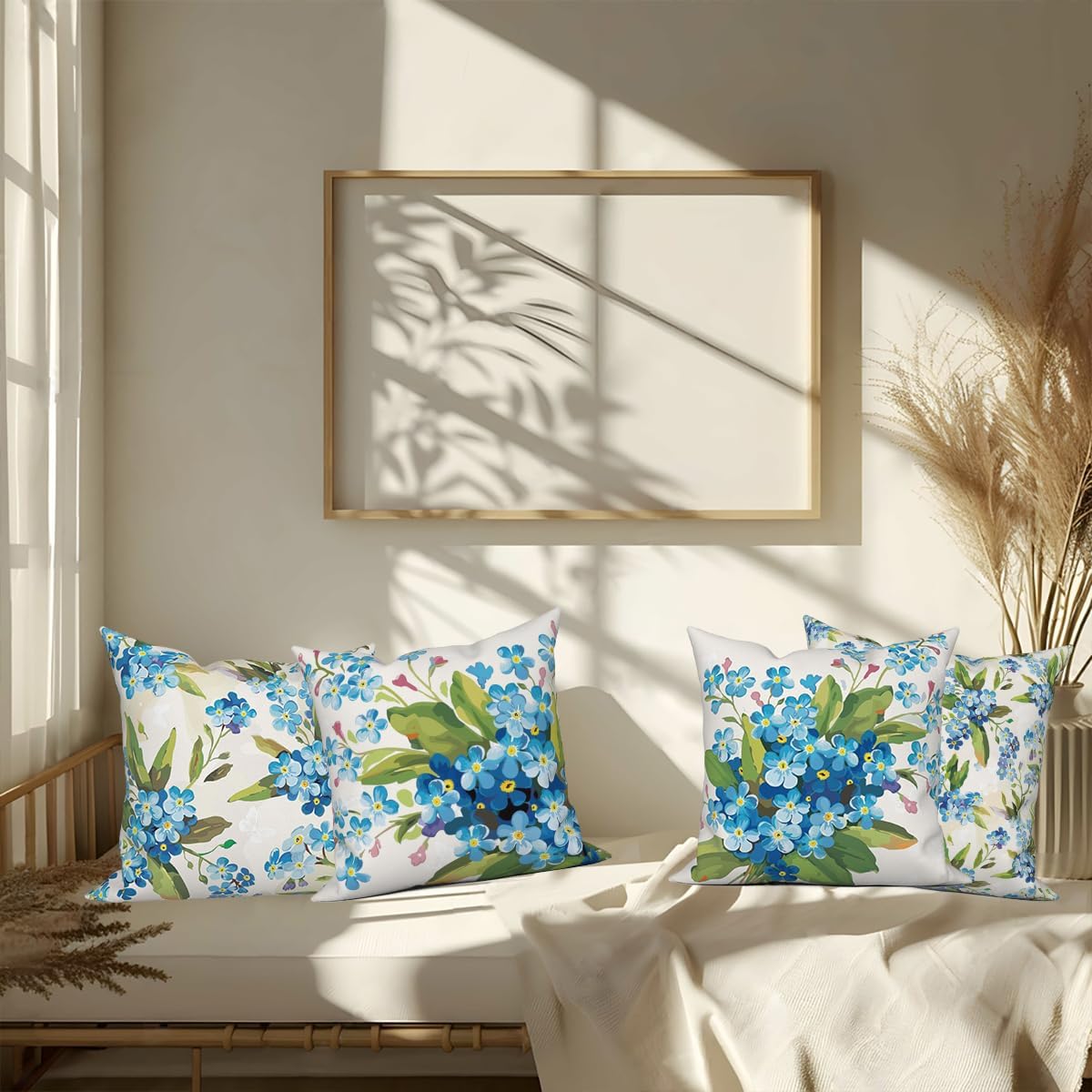 Blue Flower Throw Pillow Covers Green Leaves Watercolor Wildflower Plants Sweet Fresh Rustic Style 24x24 Set of 4 Square Cushion Covers Couch Sofa Bedroom Farmhouse Patio Garden Livingroom - Image 6