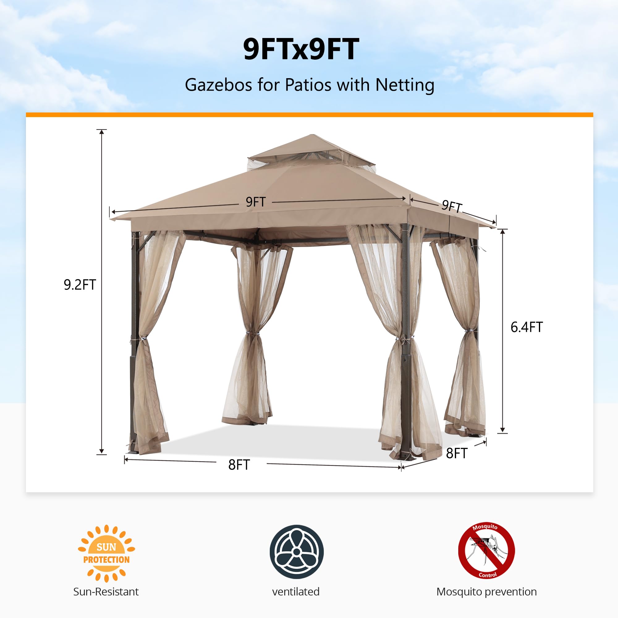 ABCCANOPY Tonnelle de terrasse robuste 2,4 x 2,4 m avec moustiquaire
