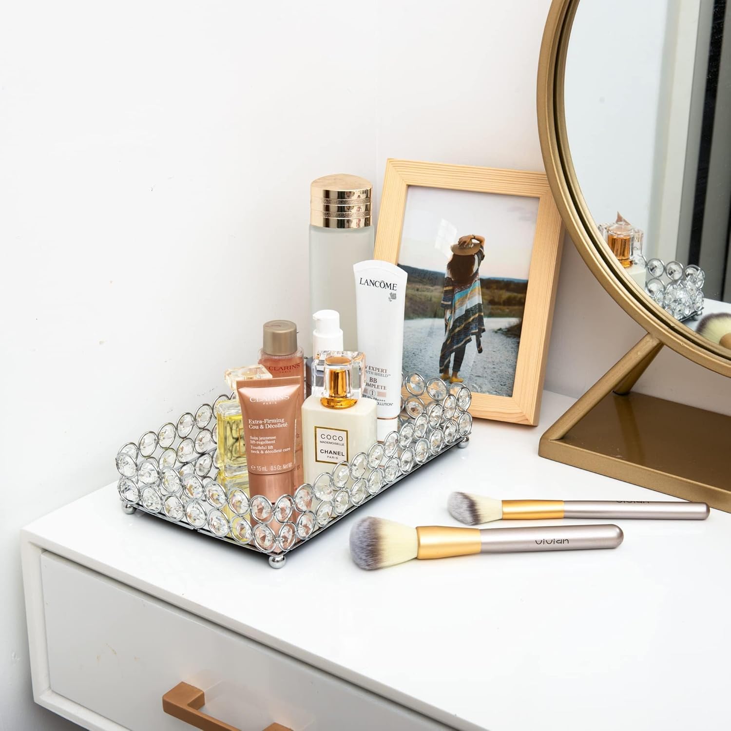 Feyarl Crystal Perfume Tray Cosmetic Makeup Vanity Tray Jewelry Trinket Rings Earrings Organizer Decorative Tray Storage for Home Deco Wedding Dresser Tabletop Girl Women Gift(10" x 6 "Silver) - Image 6