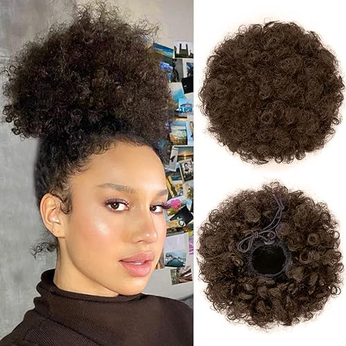 ISWEET Cola de caballo afro con cordón, extensiones de moño afro rizado, cabello sintético castaño oscuro, extensiones de cabello corto afro hacia