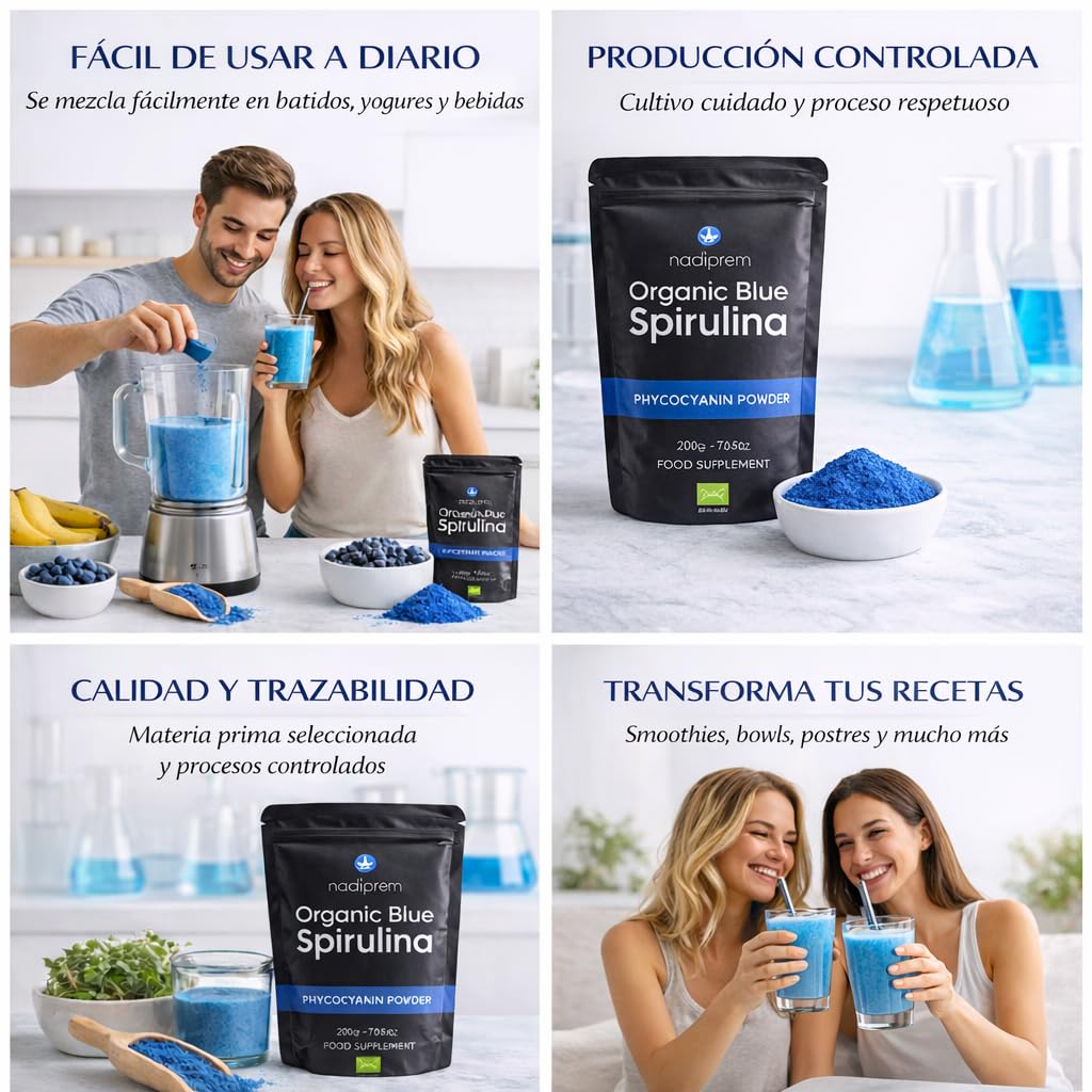 Espirulina Azul en Polvo 200g Ecológica Nadiprem (Ficocianina) | Blue Spirulina Orgánica | Colorante Alimentario Natural | Fácil Disolución para Batidos y Repostería