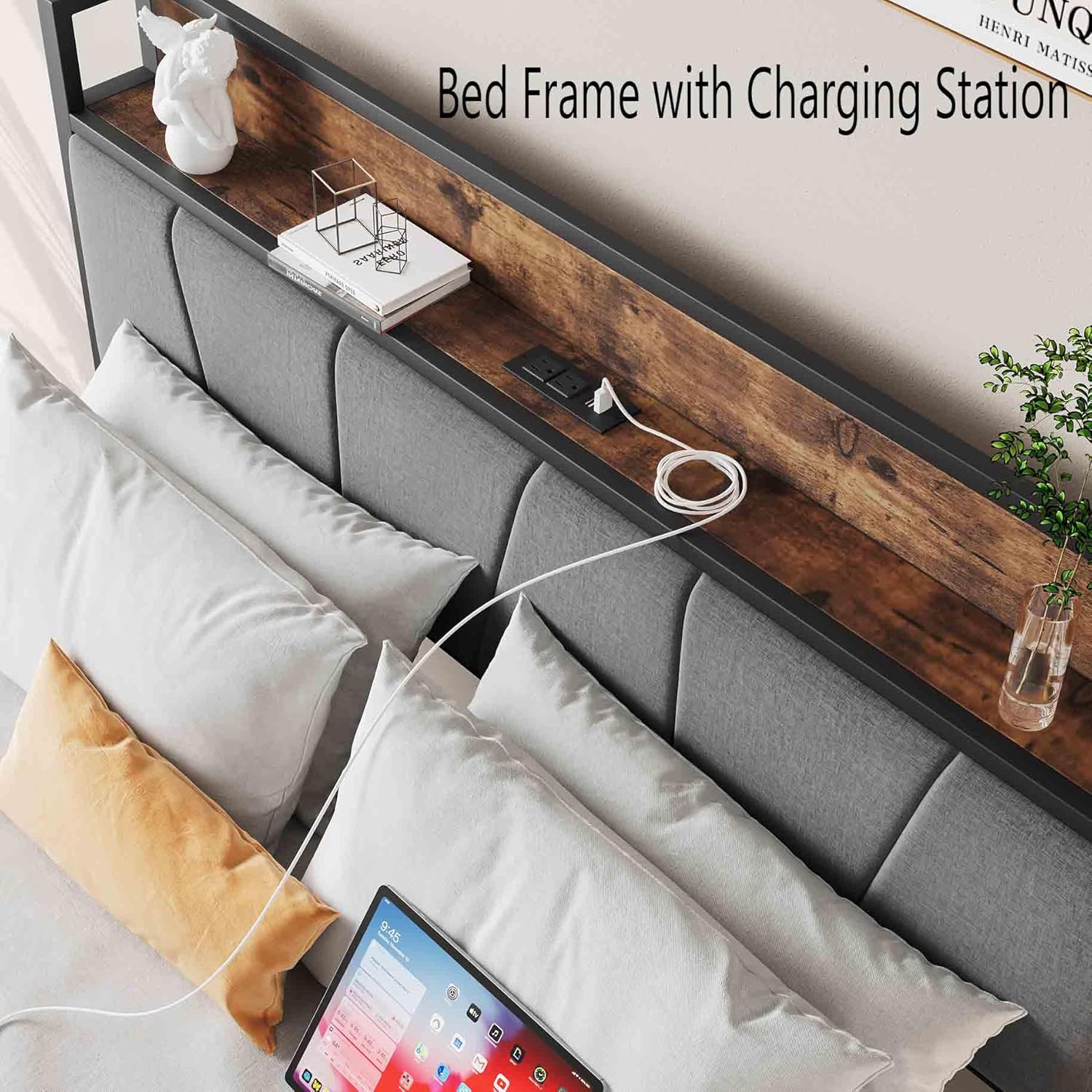 Full Bed Frame with Upholstered Headboard and Charging Station, Industrial Platform Camas Frame, Heavy Duty Mattress Foundation, Noise Free,No Box Spring Needed,Easy Assembly,Gray