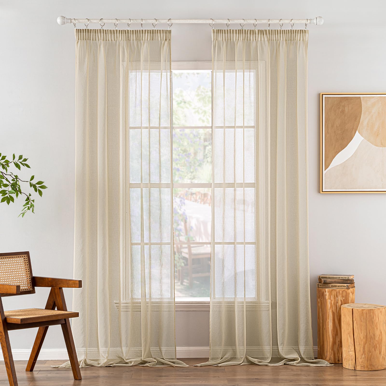 MIULEE Voilage Beige Lot de 2 140x245cm Transparent Galon Fronceur | Voilage Transparent Pour Fenêtre, Rideau Intérieur à Galon Fronceur, Décoration Salon, Chambre et Cuisine