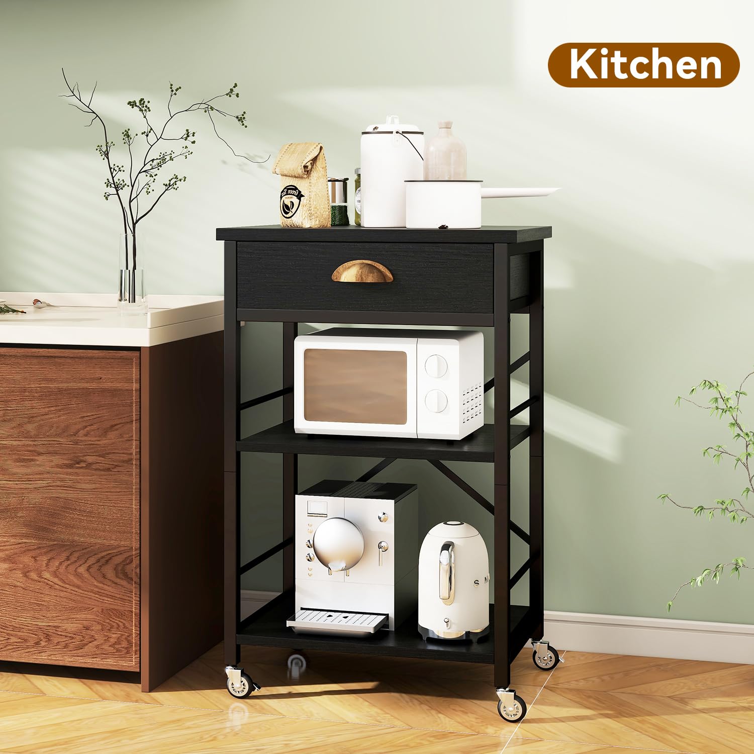 IBUYKE – Étagère boulanger de cuisine avec tiroirs, support à 3 niveaux pour four à micro-ondes avec espace de rangement, table de bar à café avec roulettes, étagère réglable, montage simple, noir