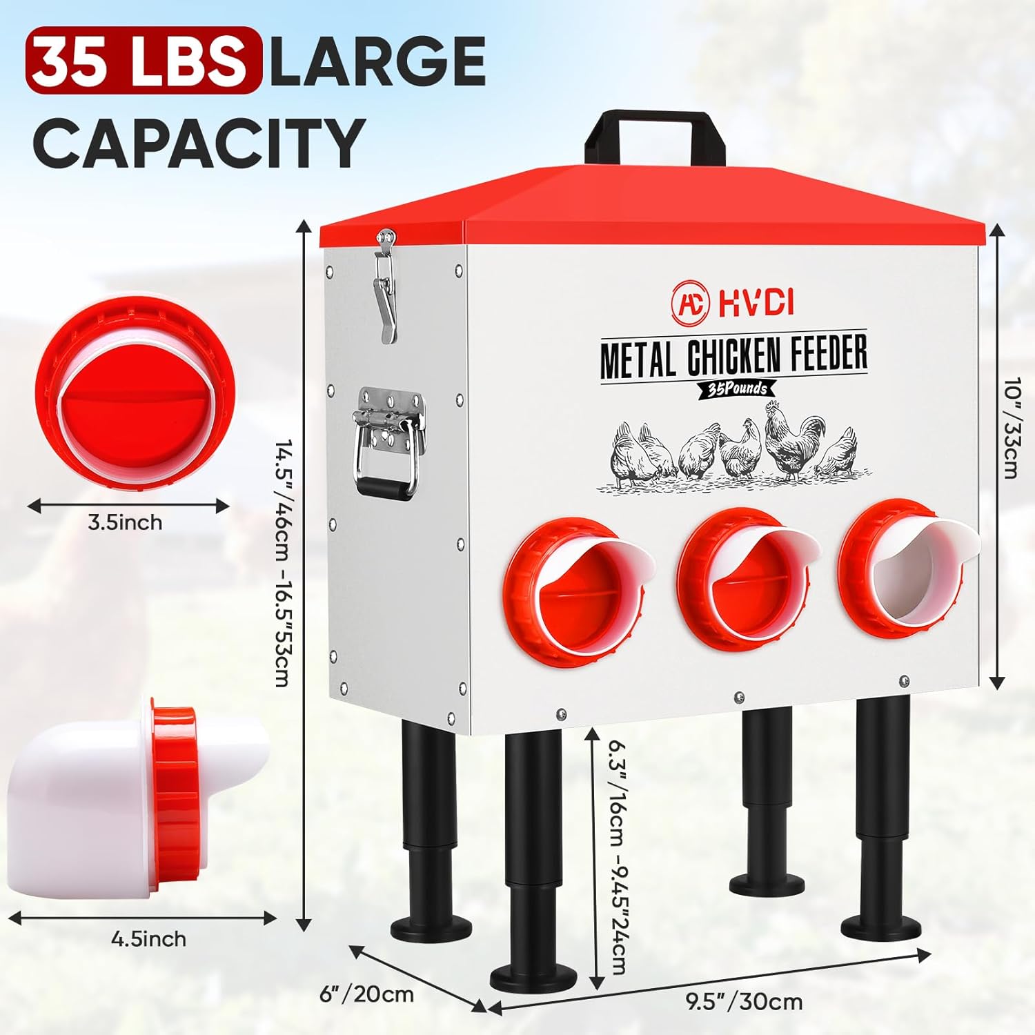 35lbs - 45lbs Large Automatic Chicken Feeder, Adjustable Stand, 6 Feeding Ports, Sloped Roof Rainproof Design Poultry Feeder (Small)