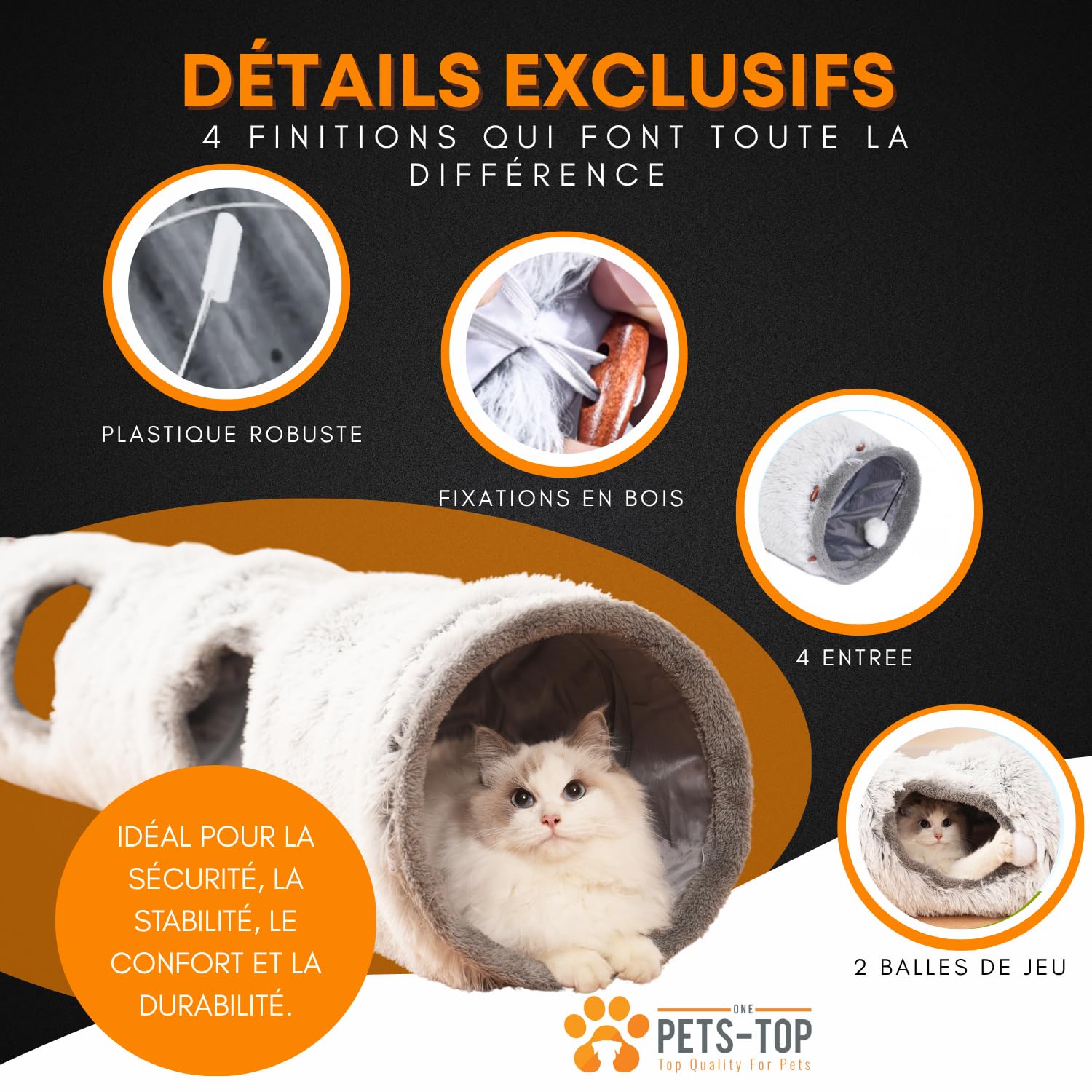 One PETS-TOP Tunnel Chat – Tunnel pour Chat XXL – Jouet Intéractif pour Interieur – en Peluche Douce – Tunnel Chien Furet Lapin – Tapis Cabane Cat Tunnel – 120 cm