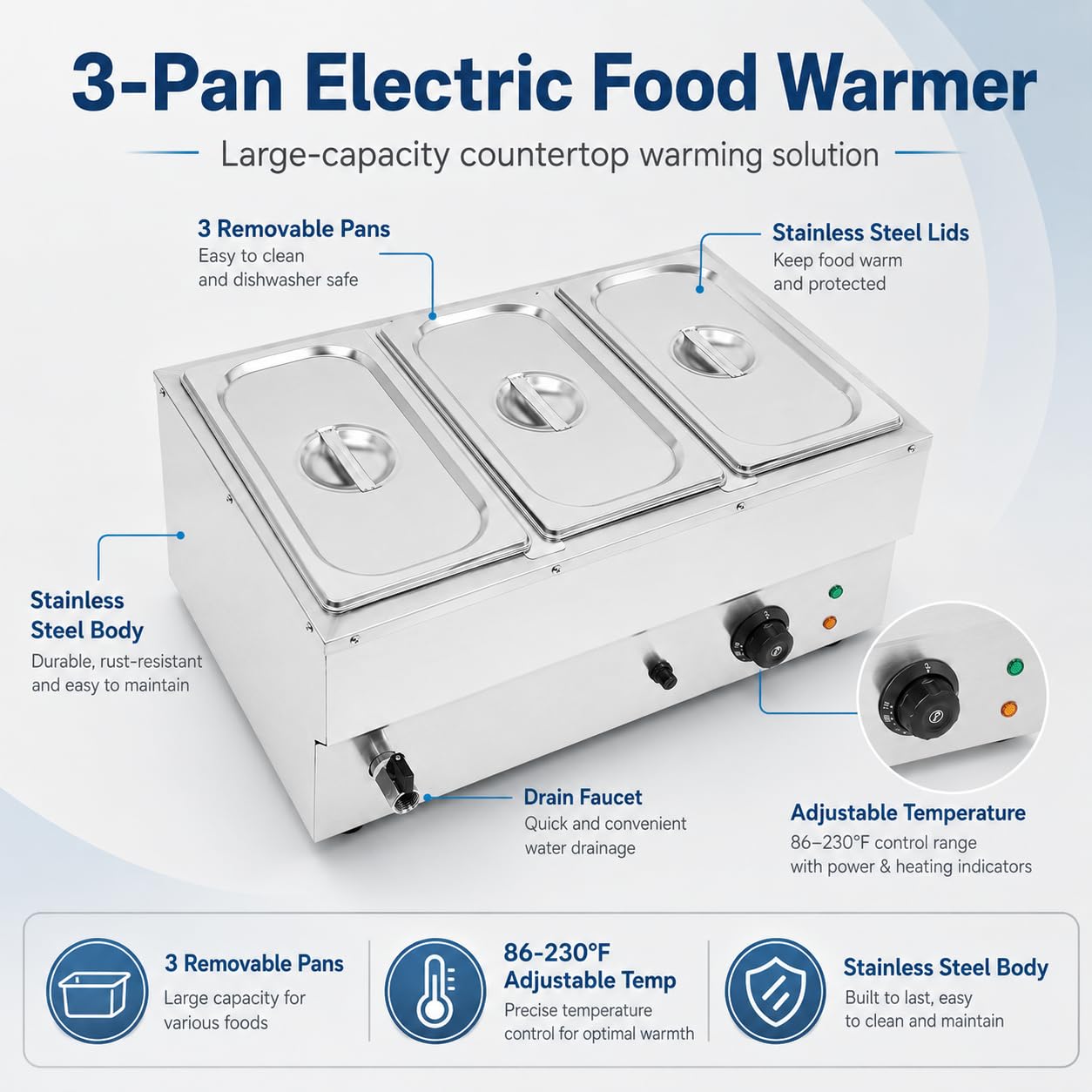 Chauffe Plat Électrique Bain Marie à 3 Casseroles Température Réglable avec Couvercles Chafing Dish Buffet,pour la Maison, Cafétéria, Fête d'anniversaire, Restaurant, Fête