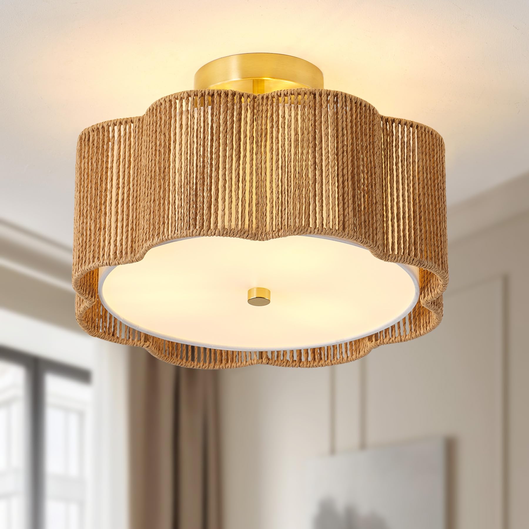 YOPININNT 13.5" Rattan Ceiling Light Fixture with Fabric Shade, Boho Light Fixtures Ceiling Flush Mount, 3-Light Rattan Flower Shape Close to Ceiling