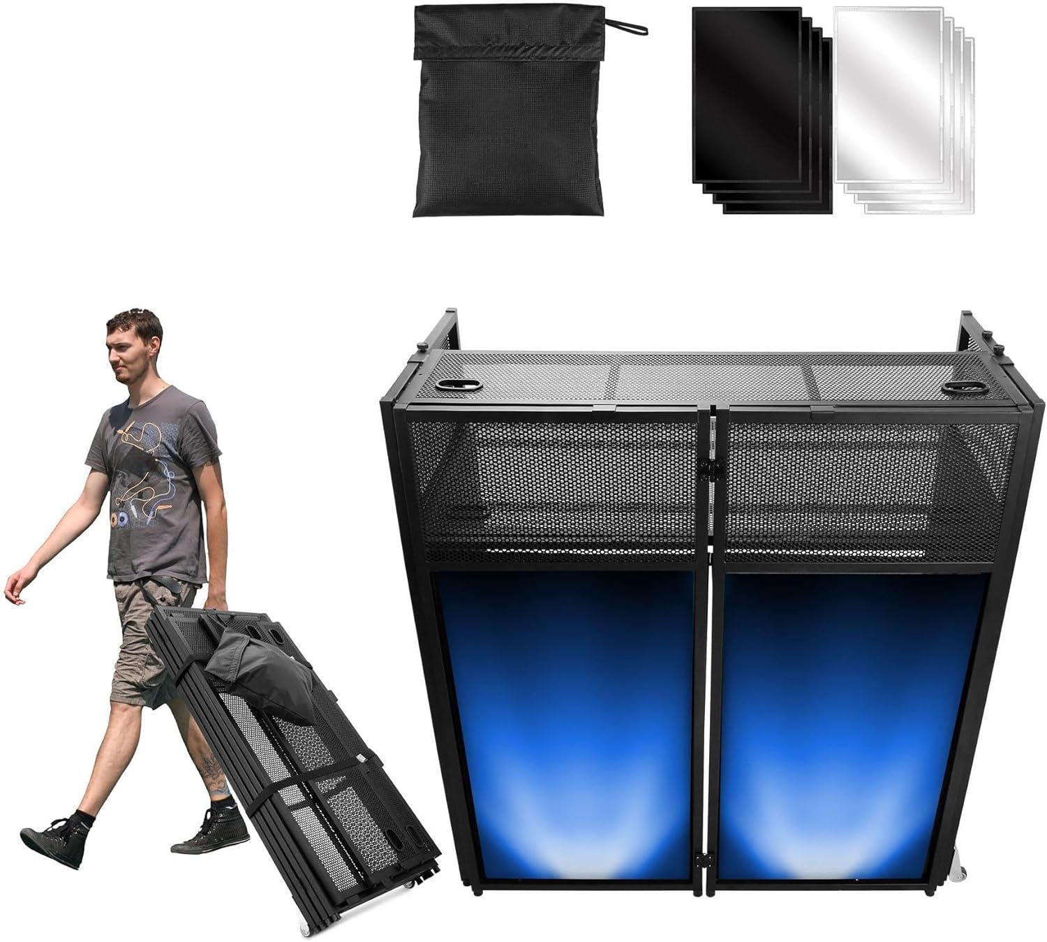 2-Tier Portable DJ Booth Table, 43.3" H x 38.5" L Dual-Layer Heavy Duty Metal DJ Stand with Black & White Scrims, Foldable DJ Facade with Wheels, Adjustable Feet for Mobile DJ, Parties, Weddings