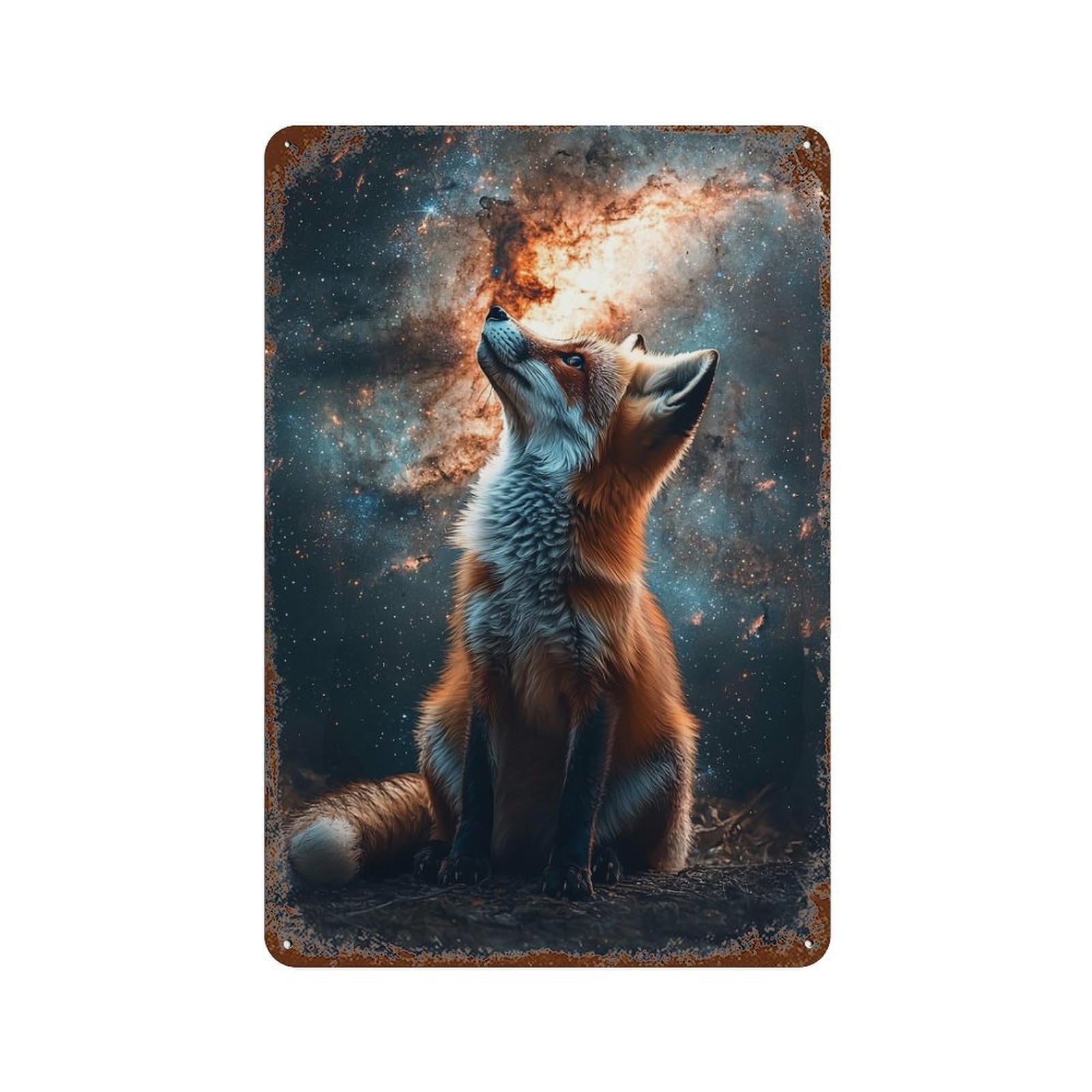 Fox in Space 11.8"x7.9" Distressed Metal Wall Sign, Industrial Home Decor for Patio, Garden Room And Bar Decor