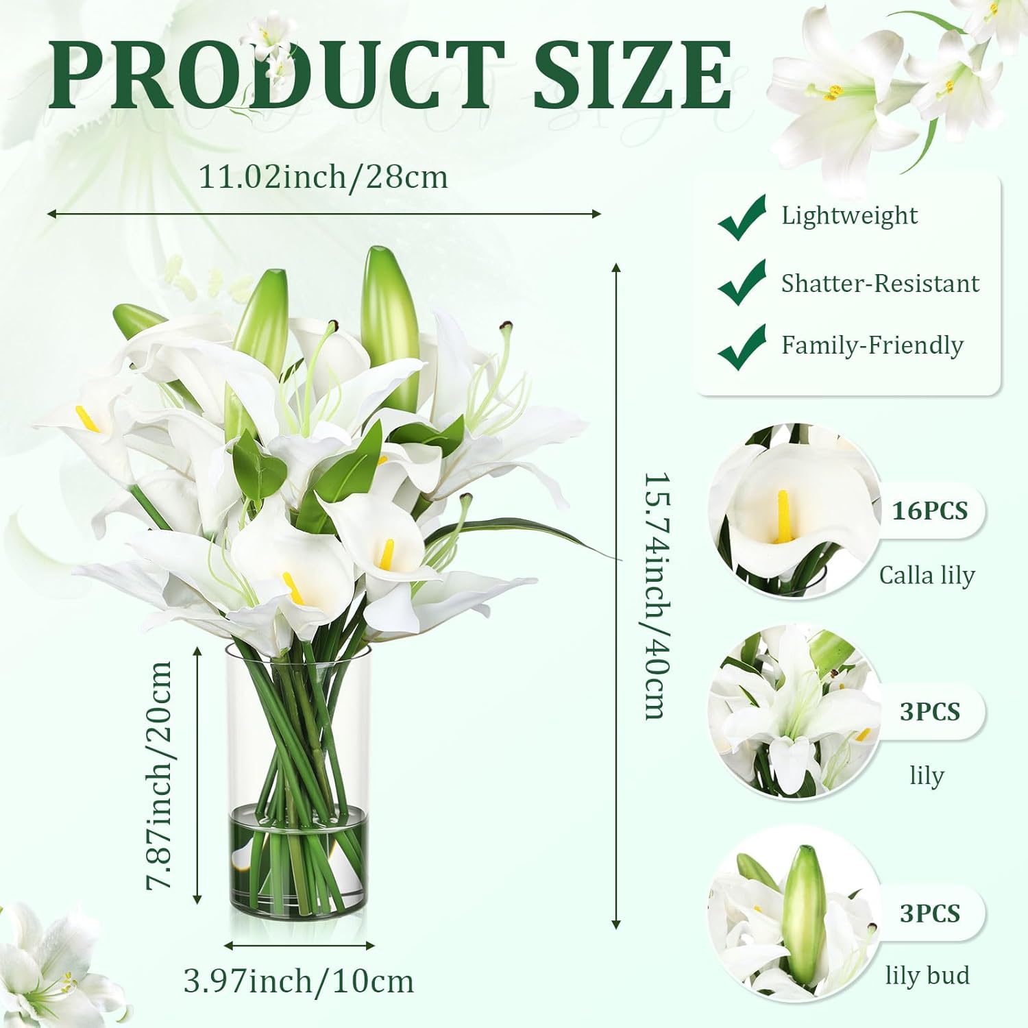 15.74 Inch White Fake Flowers Artificial Calla Lily Lily Flowers Green Bud with Faux Water Realistic Touch for Mother's Day Easter Dining Room Centerpiece Table Wedding Spring Decor