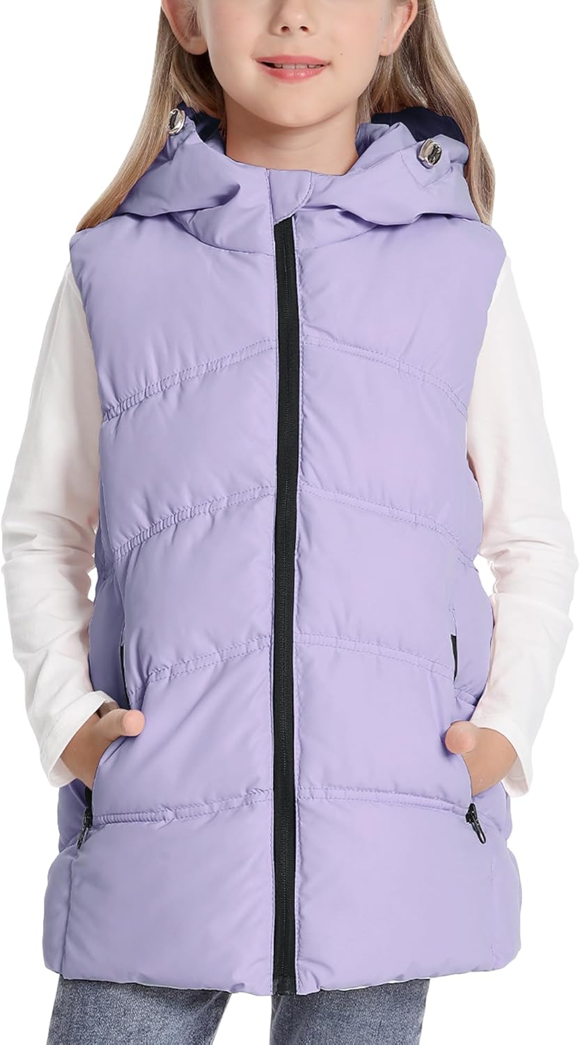 Happy Cherry Girls Mid-Length Hooded Puffer Vest Winter Warm Sleeveless Jacket with Easy Zipper & Side Pockets