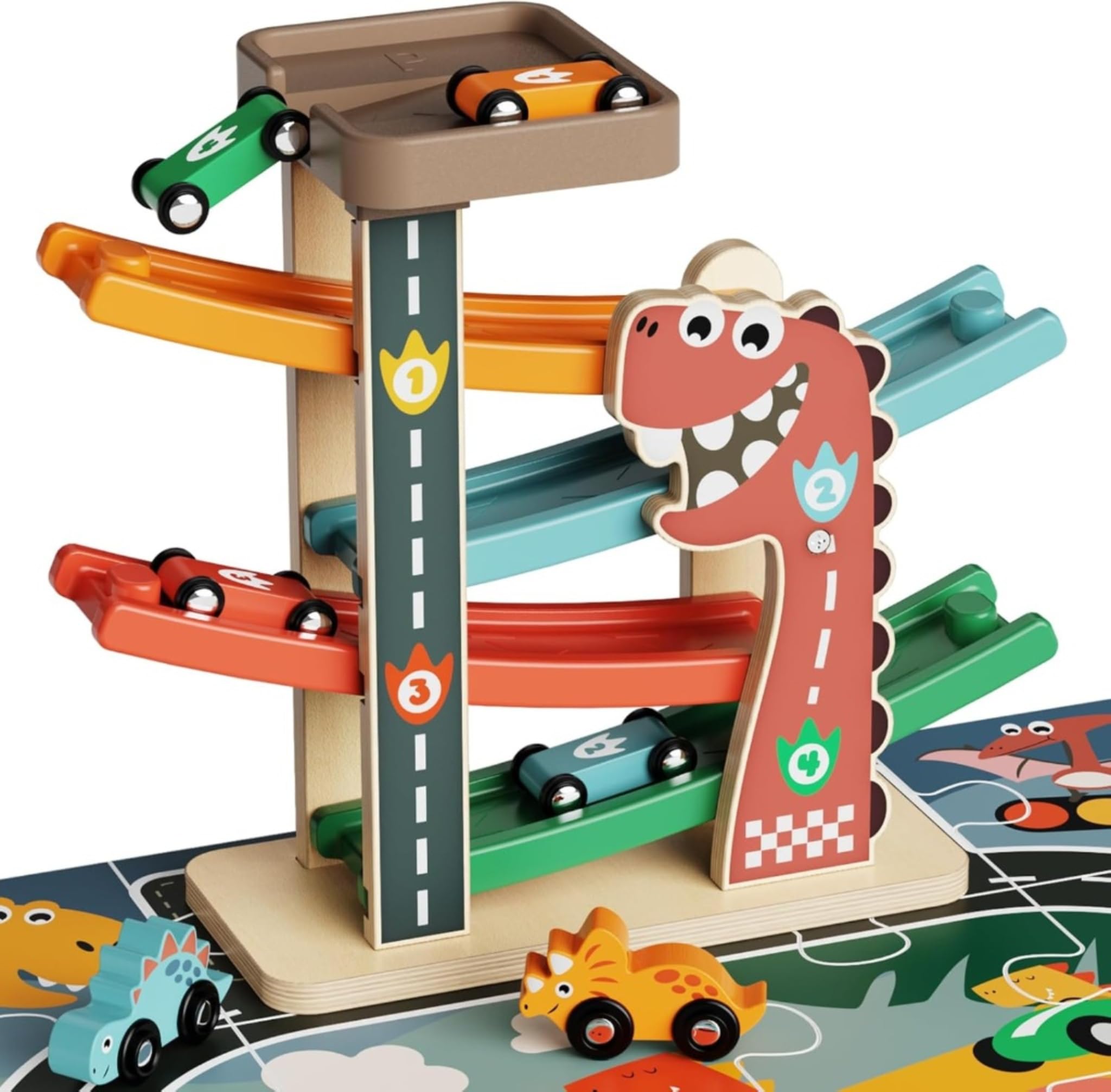 Paisure Wooden Car Ramp Toy for Toddlers 1-3, Montessori Toy with 6 Cars (Dinosaur & Racing), 4-Level Car Ramp Race Track, Toddler Toy & 1 Year Old