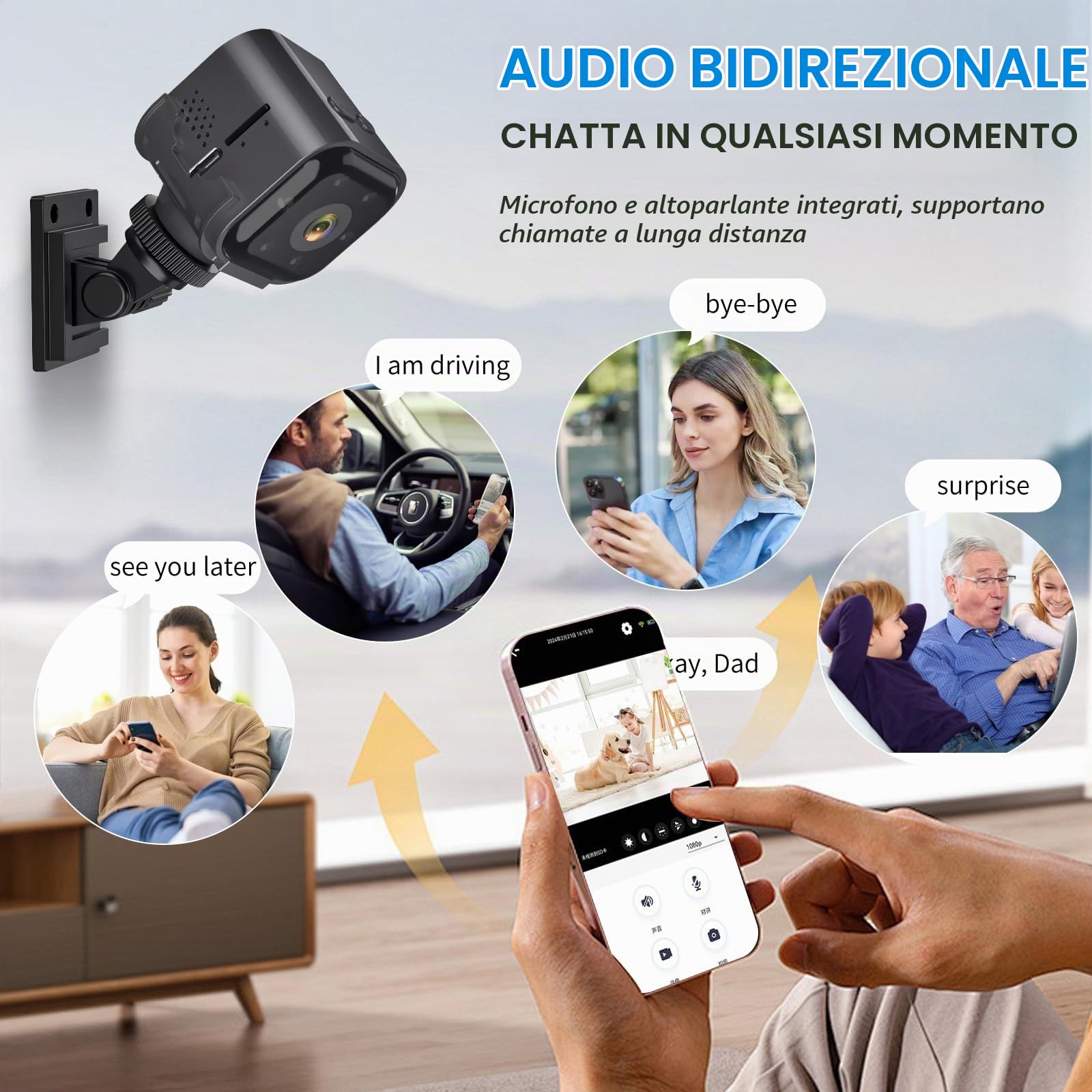 Mini Telecamera Senza Fili, Videocamera Sorveglianza HD, Microcamera | Telecamera WiFi Interno, Visione Notturna, Audio Bidirezionale, rilevazione di movimento, HD 1080p, Per Casa/Bambini