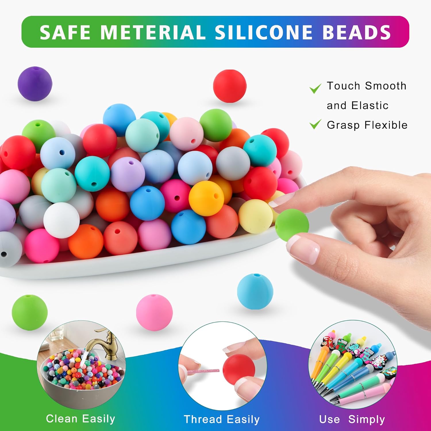 Sunrony 320Pcs 9mm Silicone Beads for Keychain Making, Mixed Color Round Silicone Beads for Pens and Necklace Bracelet Crafts Making (Multicolor Bright) - Image 6
