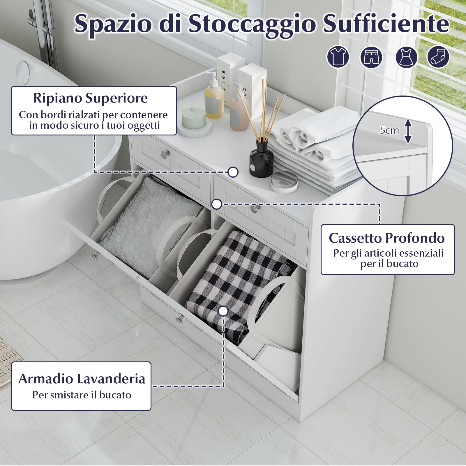 COSTWAY Mobiletto per Biancheria con 2 Cesti Ribaltabili, Mobile da Bagno Indipendente con Ripiano, 2 Cassetti e 2 Sacchi Porta Biancheria Rimovibili, Armadietto in Legno per Bucato (79 x 40 x 80 cm)