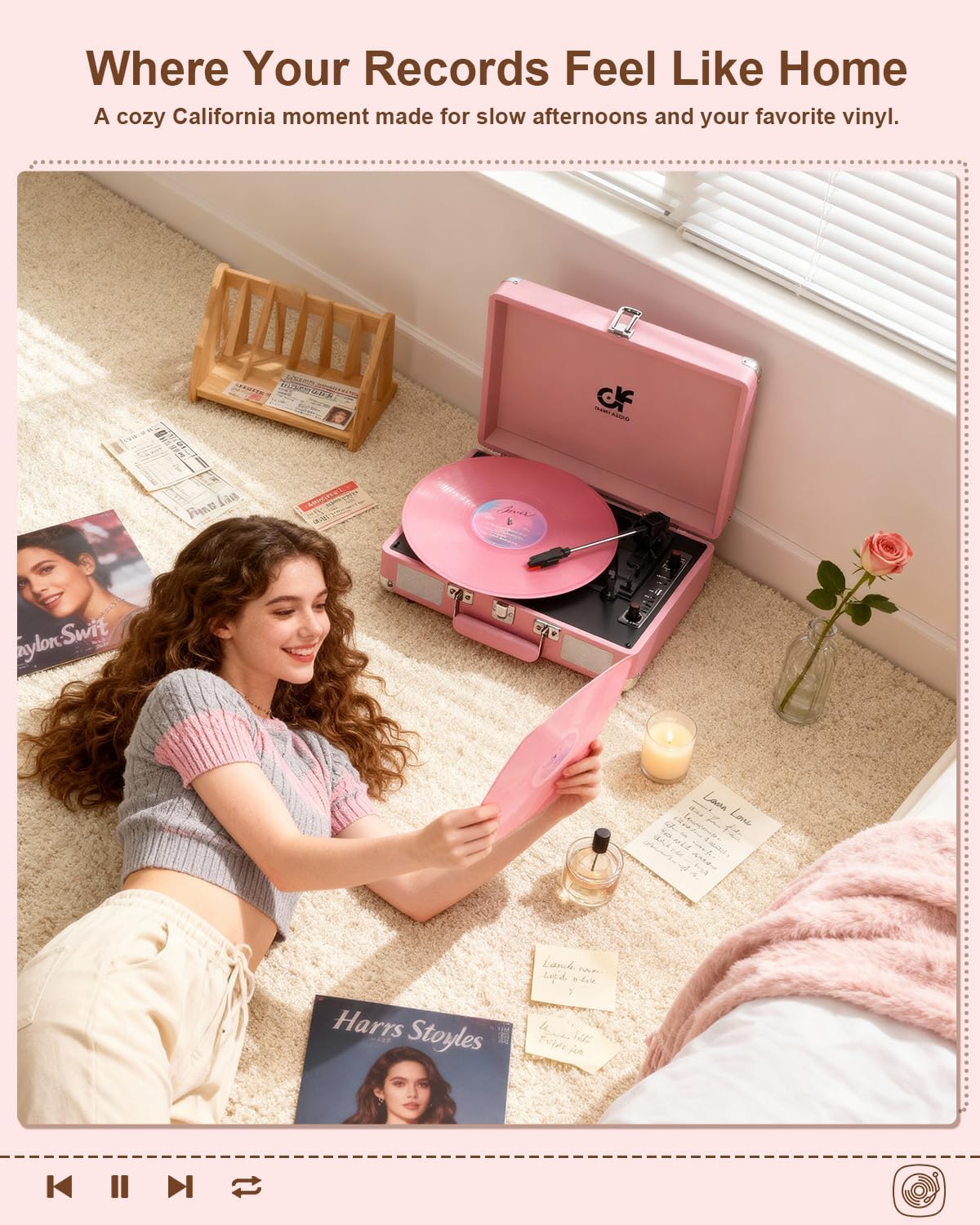 Vinyl Record Player 3-Speed Portable Suitcase Turntable with Built-in Speakers, Bluetooth Playbaack, Vinyl to MP3 Conveter, USB Recording, RCA, AUX & Headphone Output Pink