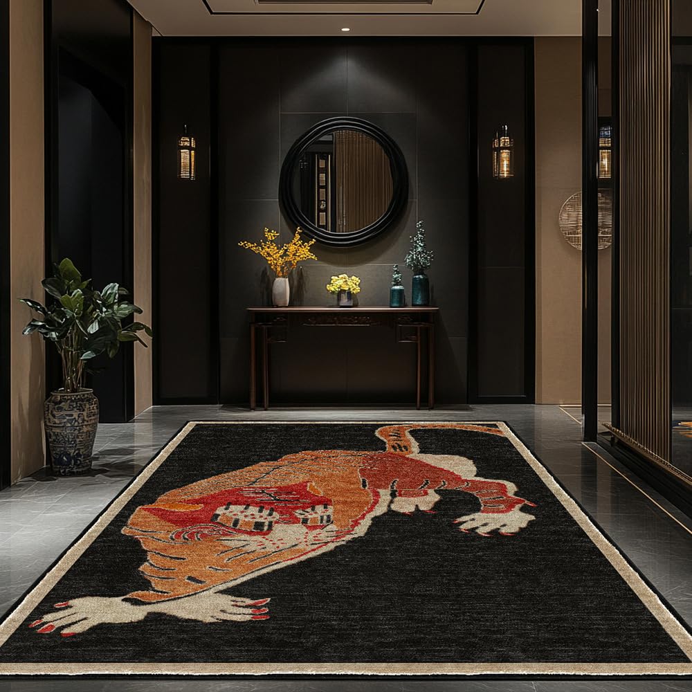Tapis salon poils courts vintage motif tigre oriental noir 180x200