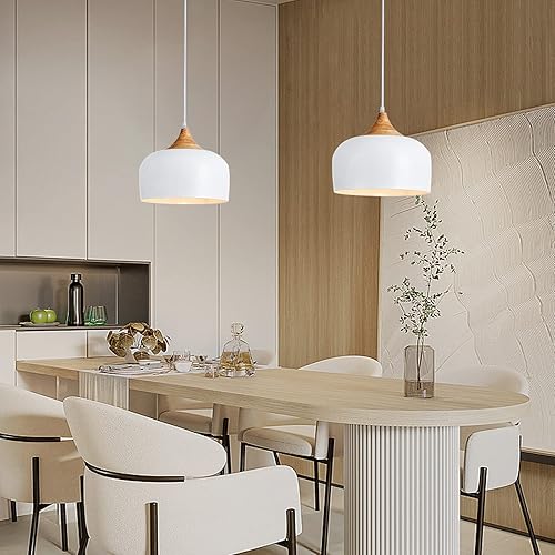 Miniatura 8 de Lámpara colgante moderna de madera maciza, lámpara colgante de techo con pantalla de metal cúpula, lámpara ajustable para isla de cocina, comedor,