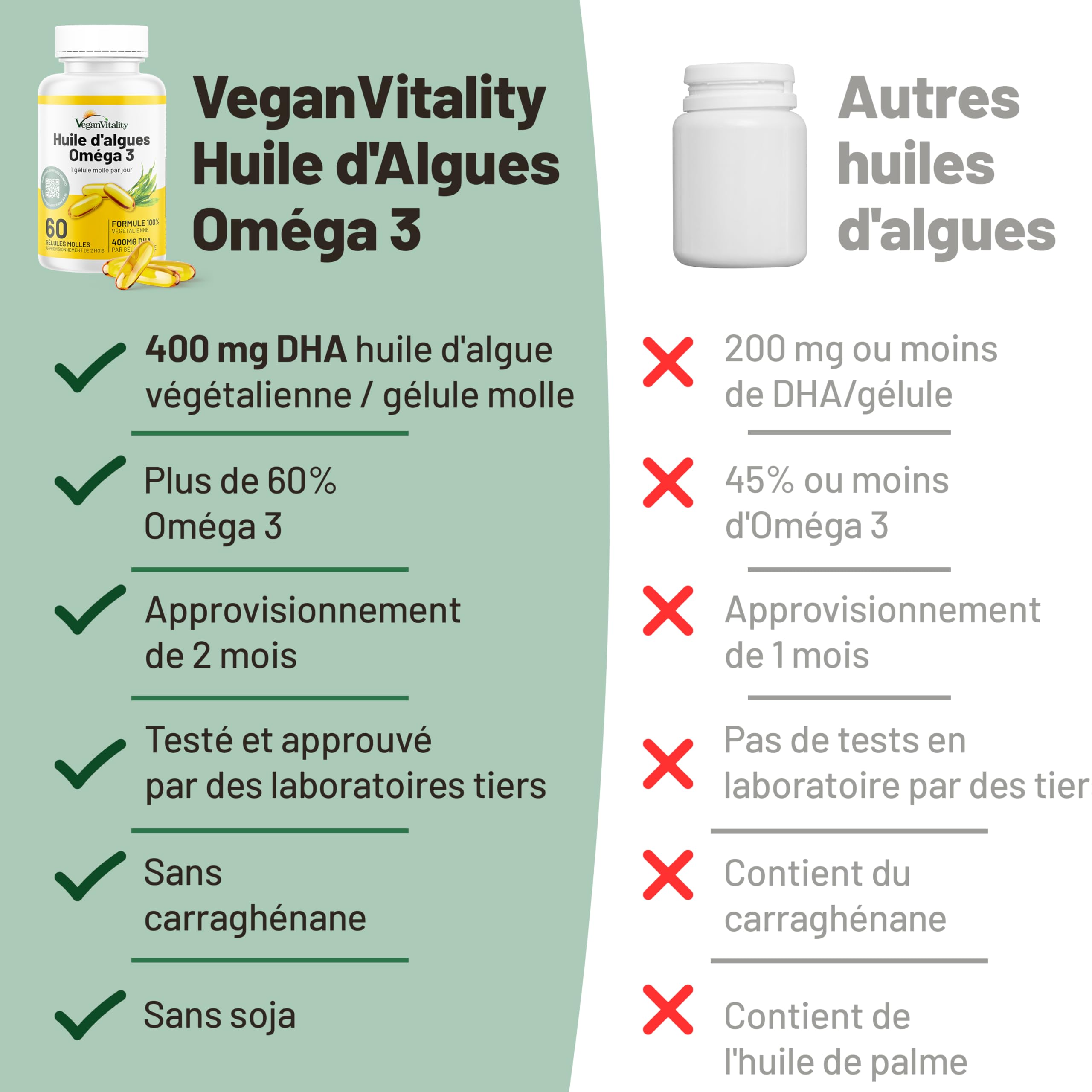 Omega 3 Vegan Huile d'algues 400 mg DHA par capsule, 60 capsules, soit 2 mois d'huile vegetale. Remplace huile de foie de morue, convient à tous les régimes vegan/végétariens