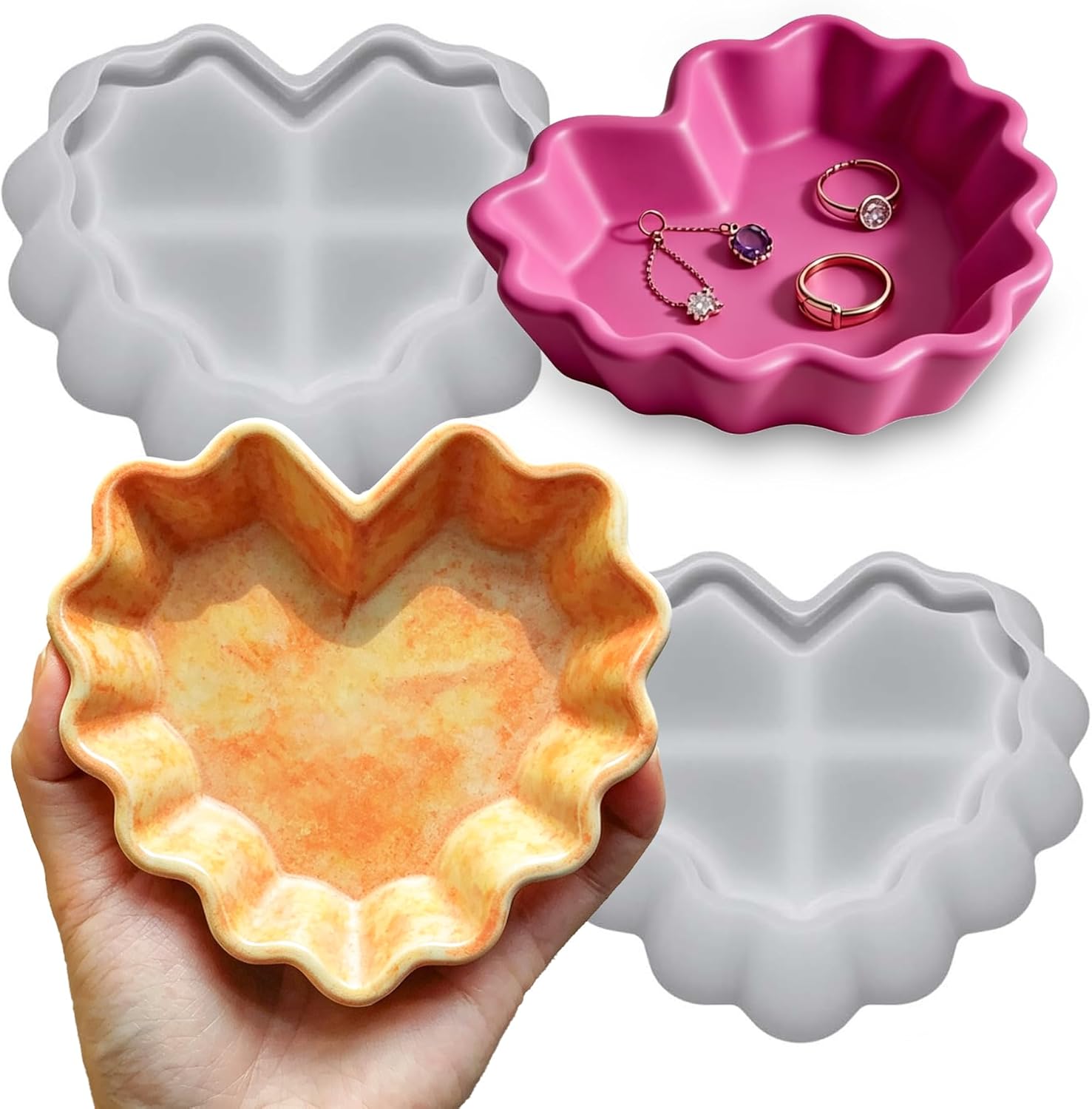 Wehous 2PCS Wave Heart Tray Molds for Resin Concrete, Heart Silicone Molds, Valentine Love Shape Candle Holder Jewelry Plate Trinket Dish Epoxy Resin Casting Mold, Container Storage Craft Decor Mold