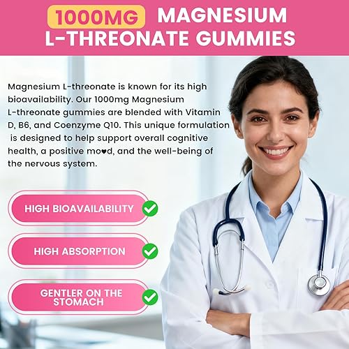 Miniatura 6 de Gomitas de magnesio L-treonato de 1000 mg para niños y adultos, suplemento de treonato de magnesio con vitamina D, B6 y coenzima Q10, apoyo