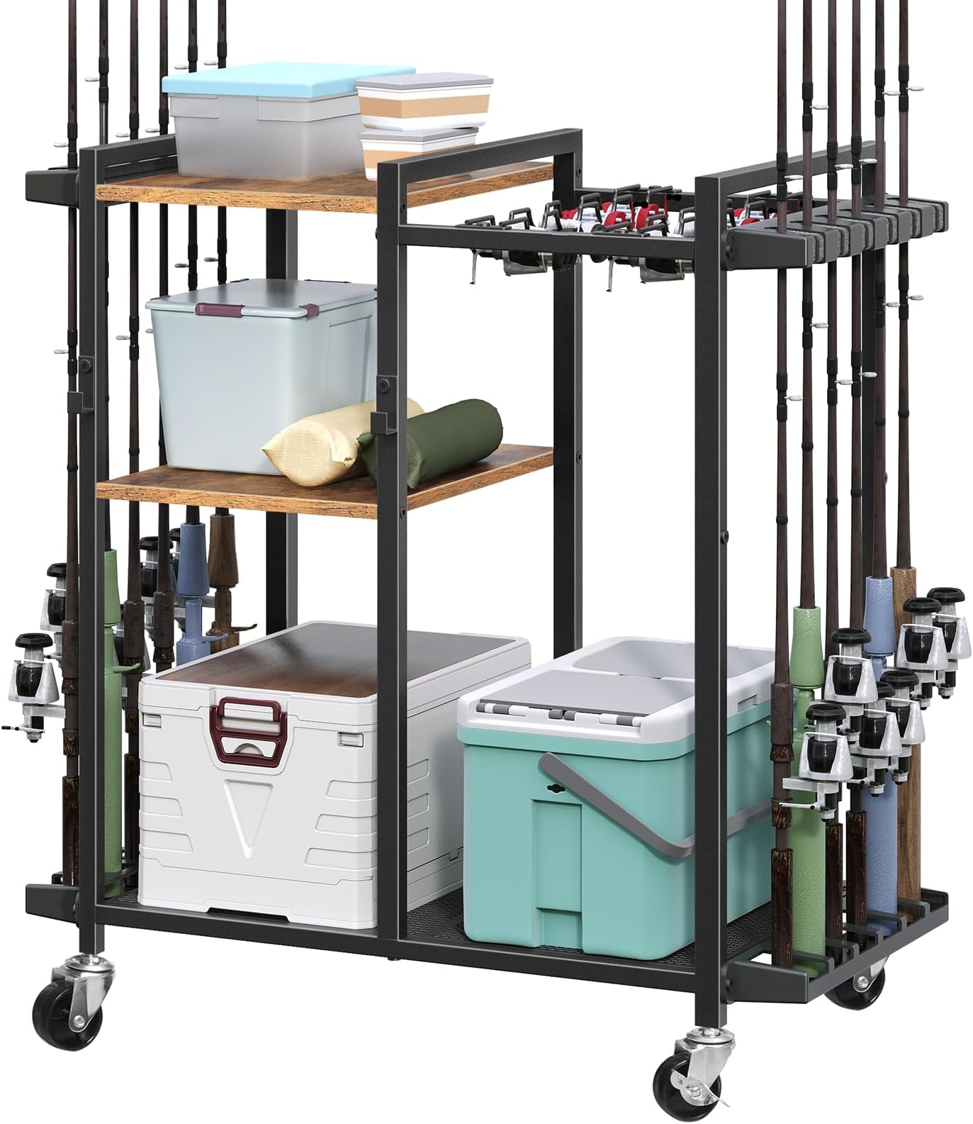 Fishing Rod Holder with Wheels, Movable Fishing Pole Rack Cart for 12 Rods, 3 Tier Fish Gear and Equipment Storage Organizer for Garage Living Room, Rustic Brown FRHR22201The Forest Stewardship Council