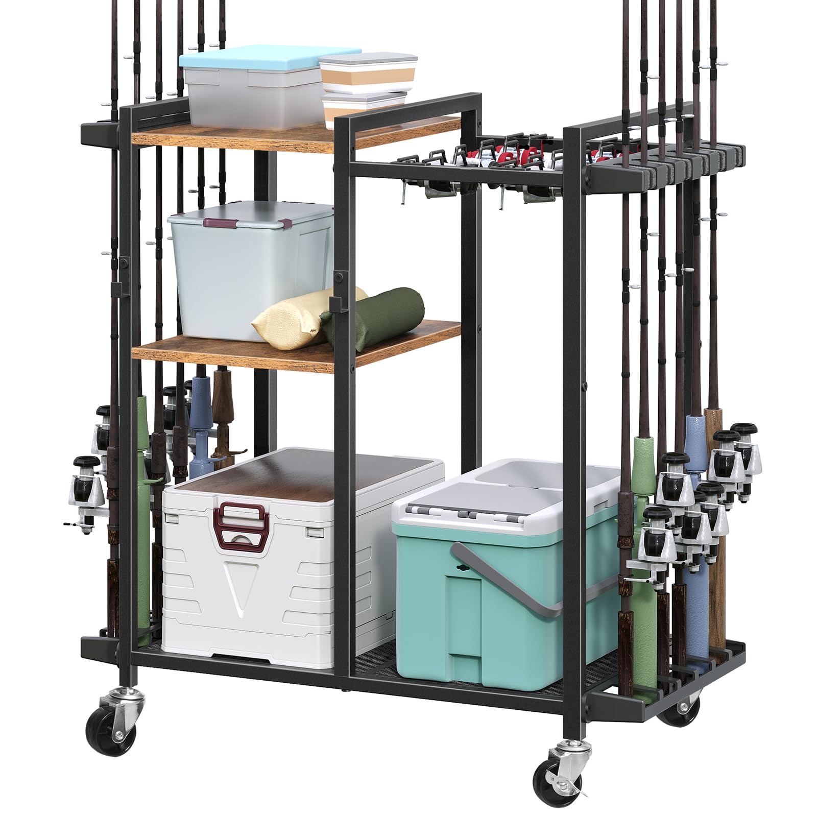 Fishing Rod Holder with Wheels, Movable Fishing Pole Rack Cart for 12 Rods, 3 Tier Fish Gear and Equipment Storage Organizer for Garage Living Room, Rustic Brown FRHR22201The Forest Stewardship Council