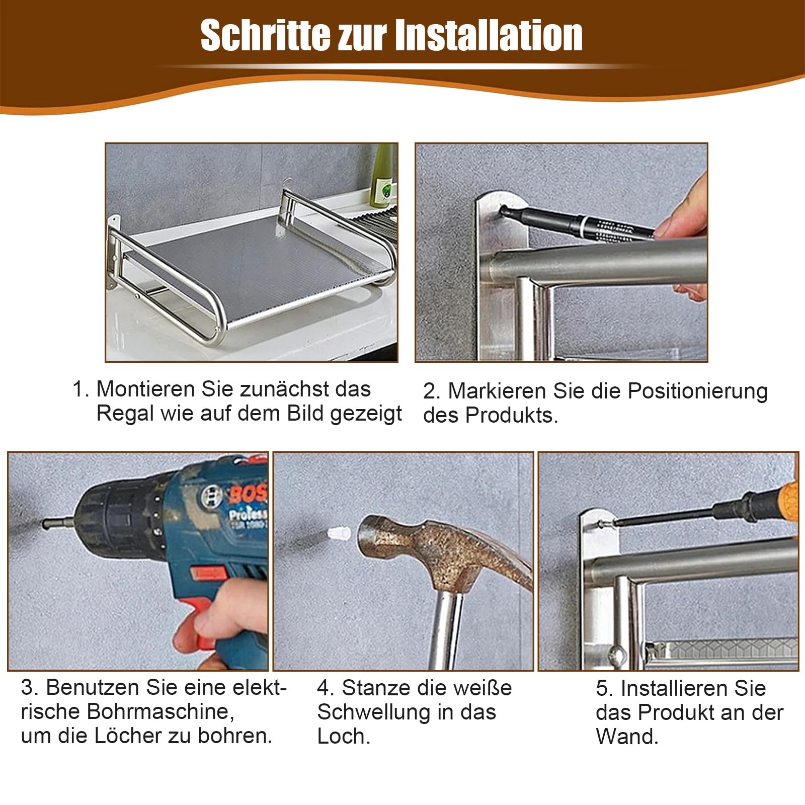 TWSOUL Mensola per microonde, montaggio a parete, con 4 ganci, in acciaio inox, per forno, microonde, spezie, stoviglie da cucina