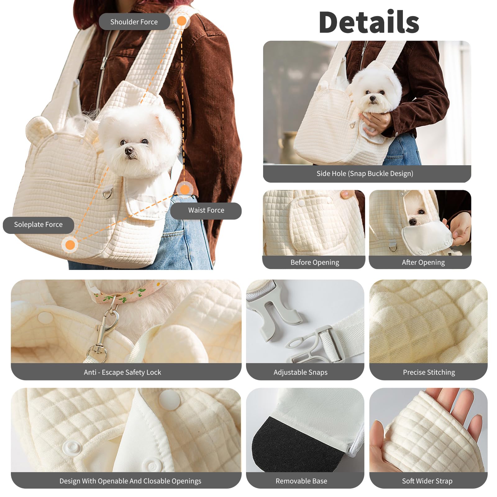 PETCUTE Sac de Transport pour Chiens, Mains Libres Sac de Transport à l'avant pour Animal Domestique,Plaque Inférieure Amovible,Lavable Sac Bandoulière pour Chien avec Ceinture de Sécurité