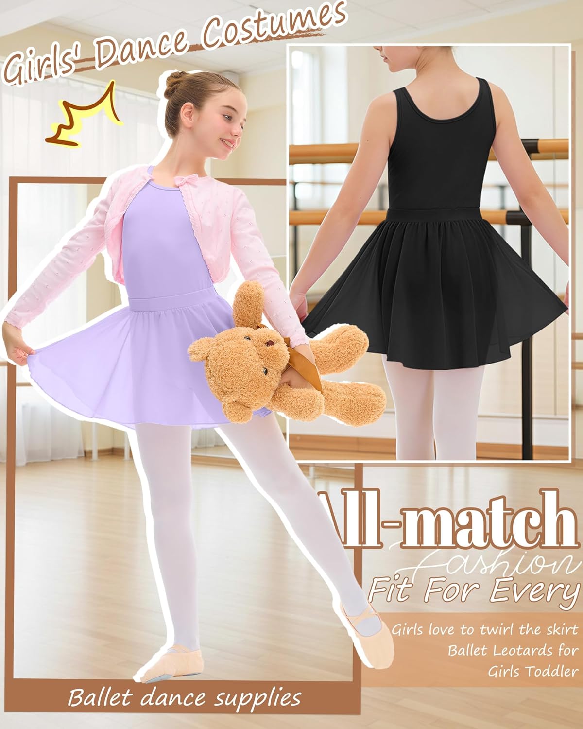 3 Pack Girls Ballet Leotards Dance Dress Tank Bodysuit Removable Tulle Skirt 2-12Y Toddler Classic Gymnastics Tutu