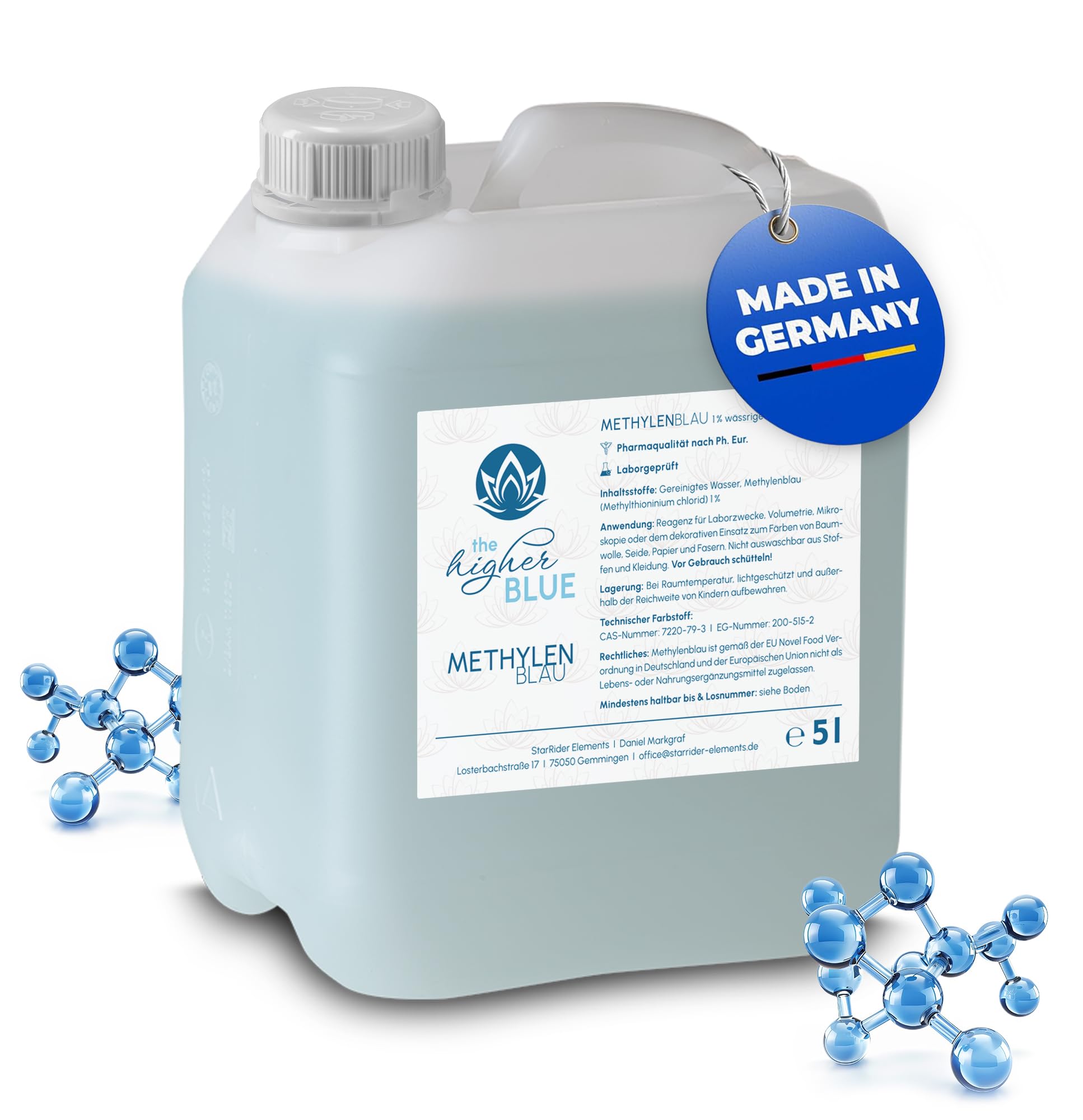 Methylenblau 1% Lösung 5 Liter Kanister | Höchste Reinheit >99,9% | Ph. Eur. Reinstoff | frei von Schwermetallen | Hergestellt und Laborgeprüft in Deutschland